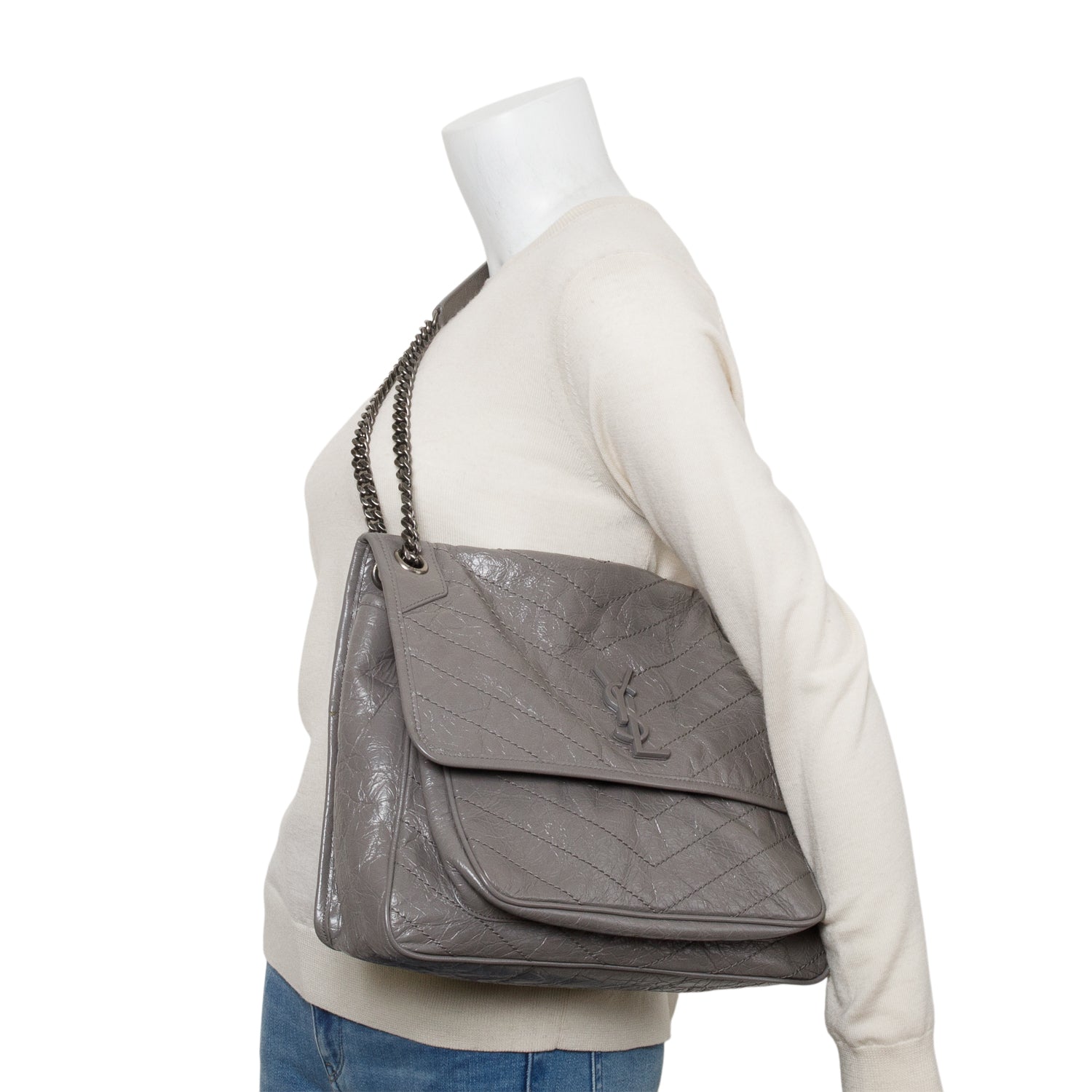 Saint Laurent Grey Crinkled Calfskin Leather Large Niki Shoulder Bag