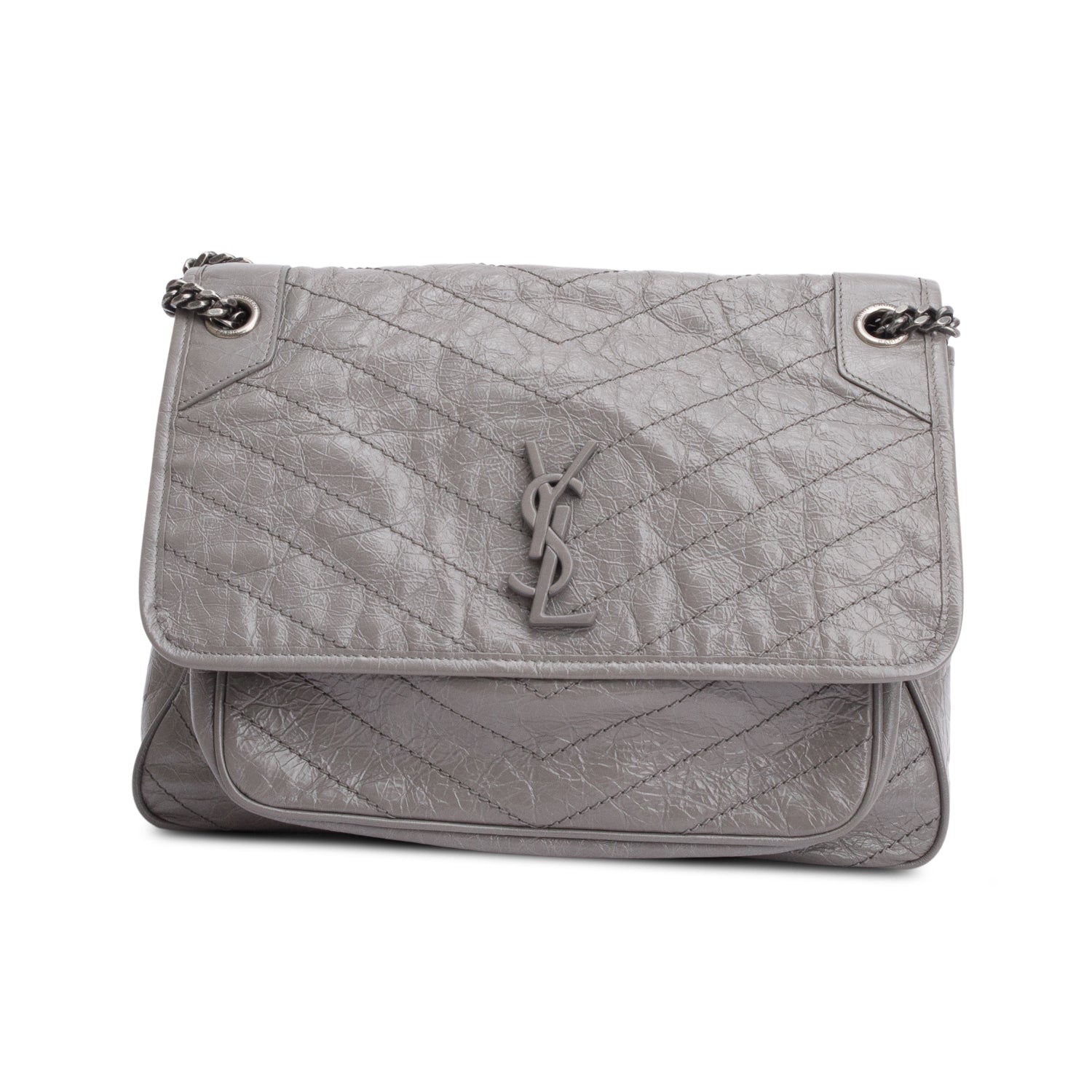 Saint Laurent Grey Crinkled Calfskin Leather Large Niki Shoulder Bag
