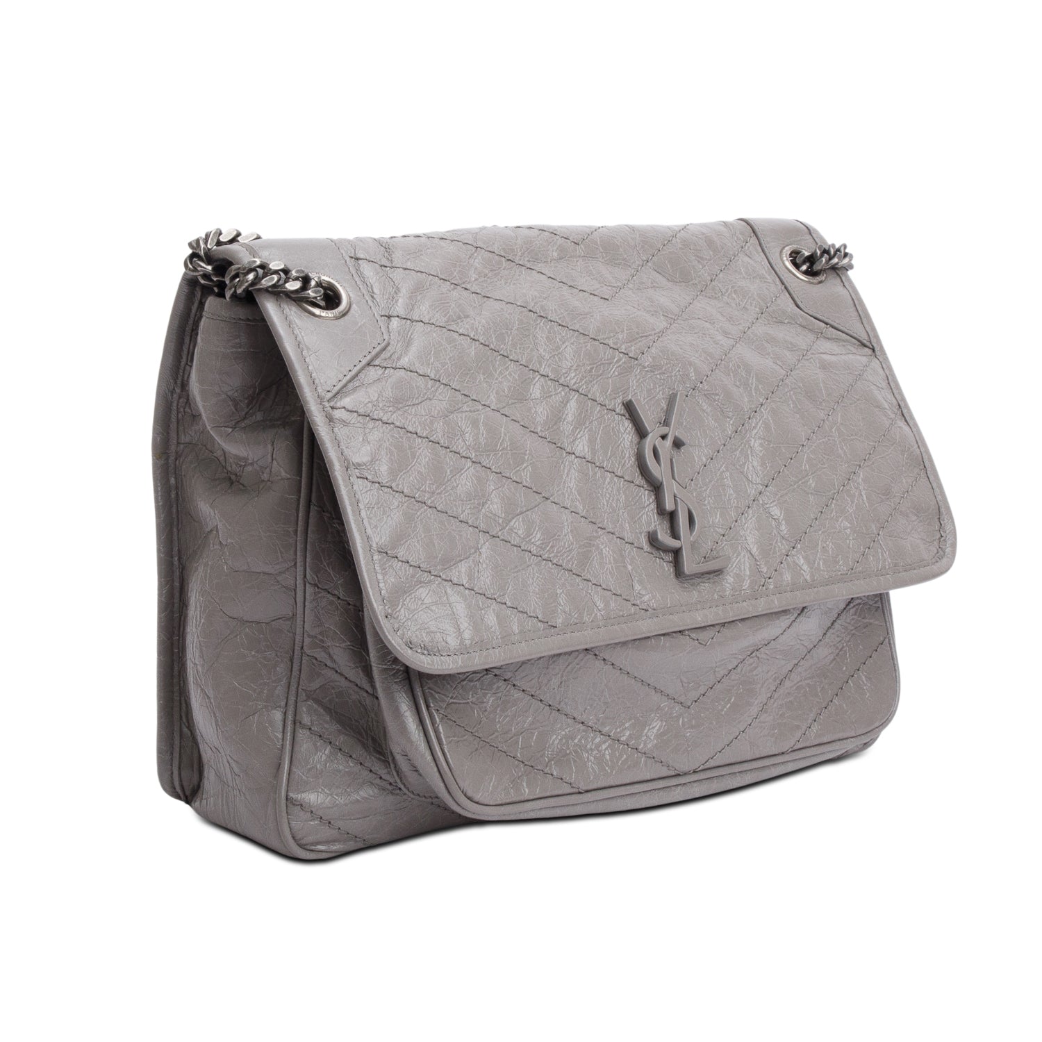 Saint Laurent Grey Crinkled Calfskin Leather Large Niki Shoulder Bag