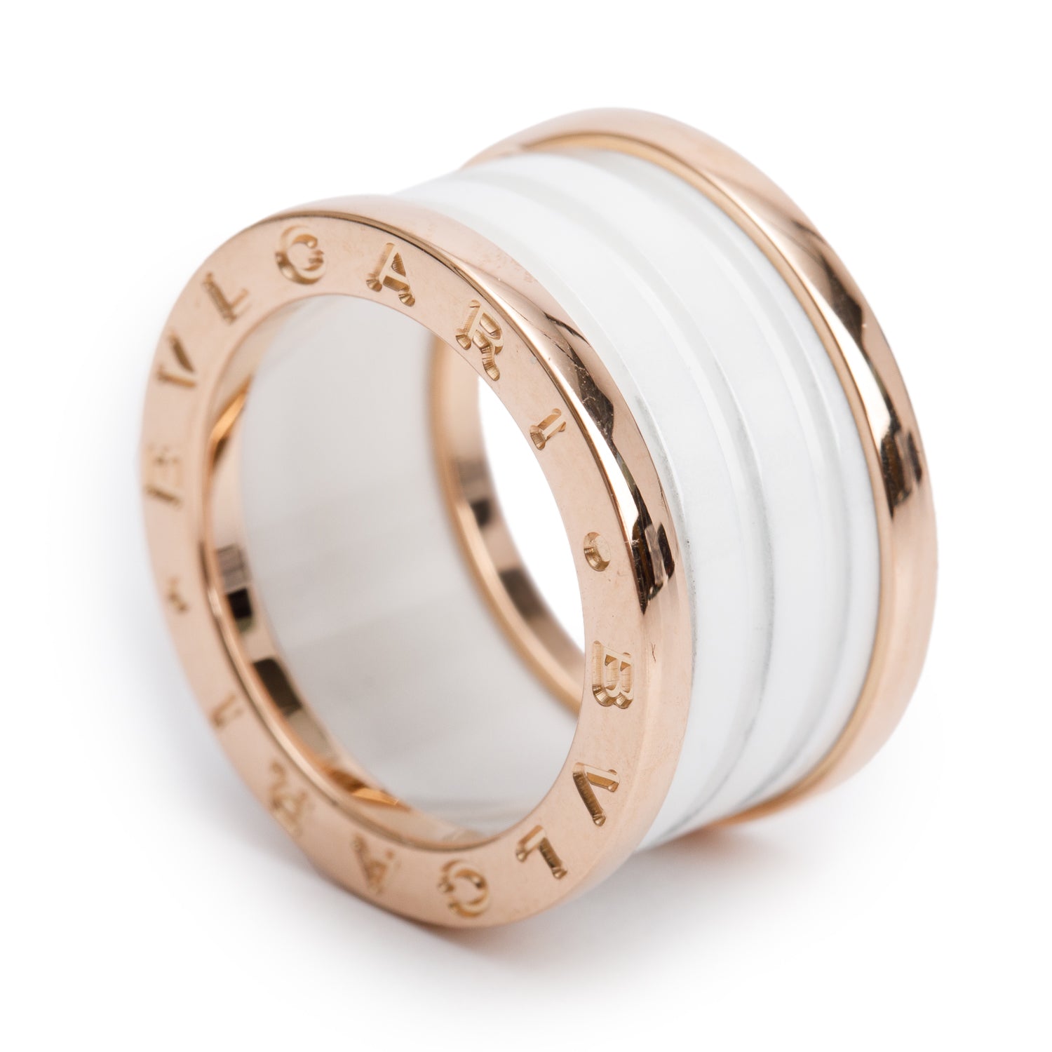 BVLGARI 18k Rose Gold White Ceramic B.Zero1 Four-Band Ring, Size 51 5.5 w/ Box & Certificate