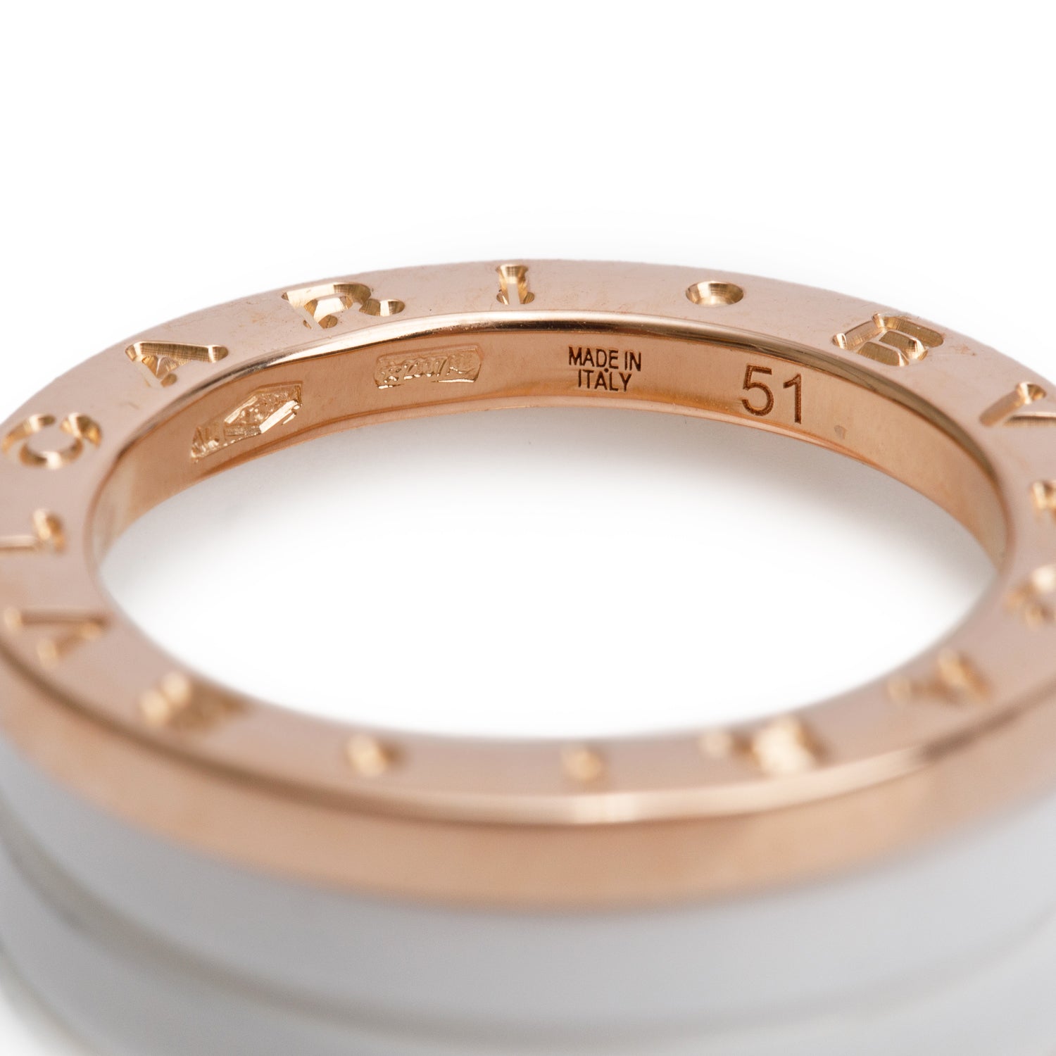 BVLGARI 18k Rose Gold White Ceramic B.Zero1 Four-Band Ring, Size 51 5.5 w/ Box & Certificate