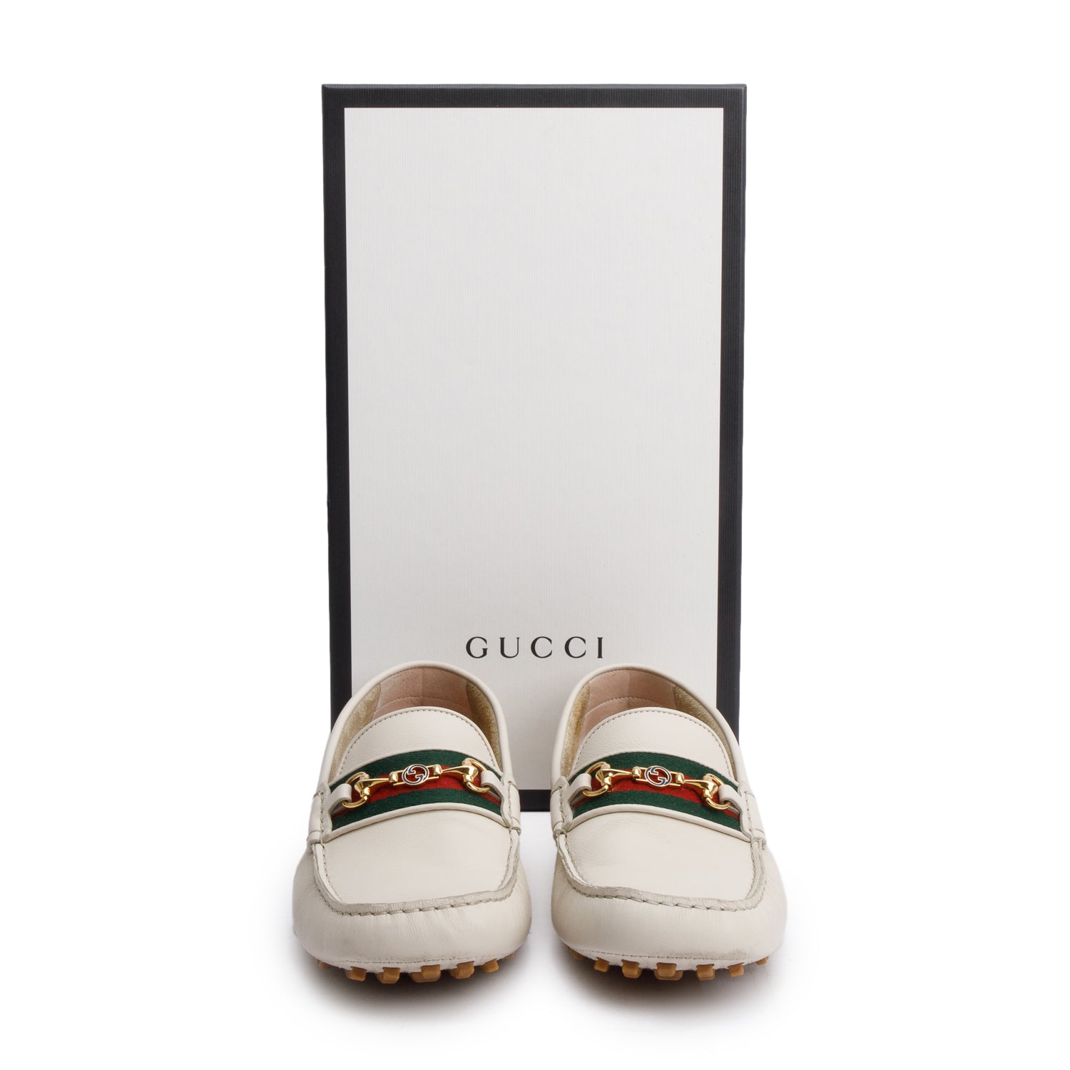 Gucci White Ayrton Horsebit Web Driving Loafers, Size 9 w/ Box