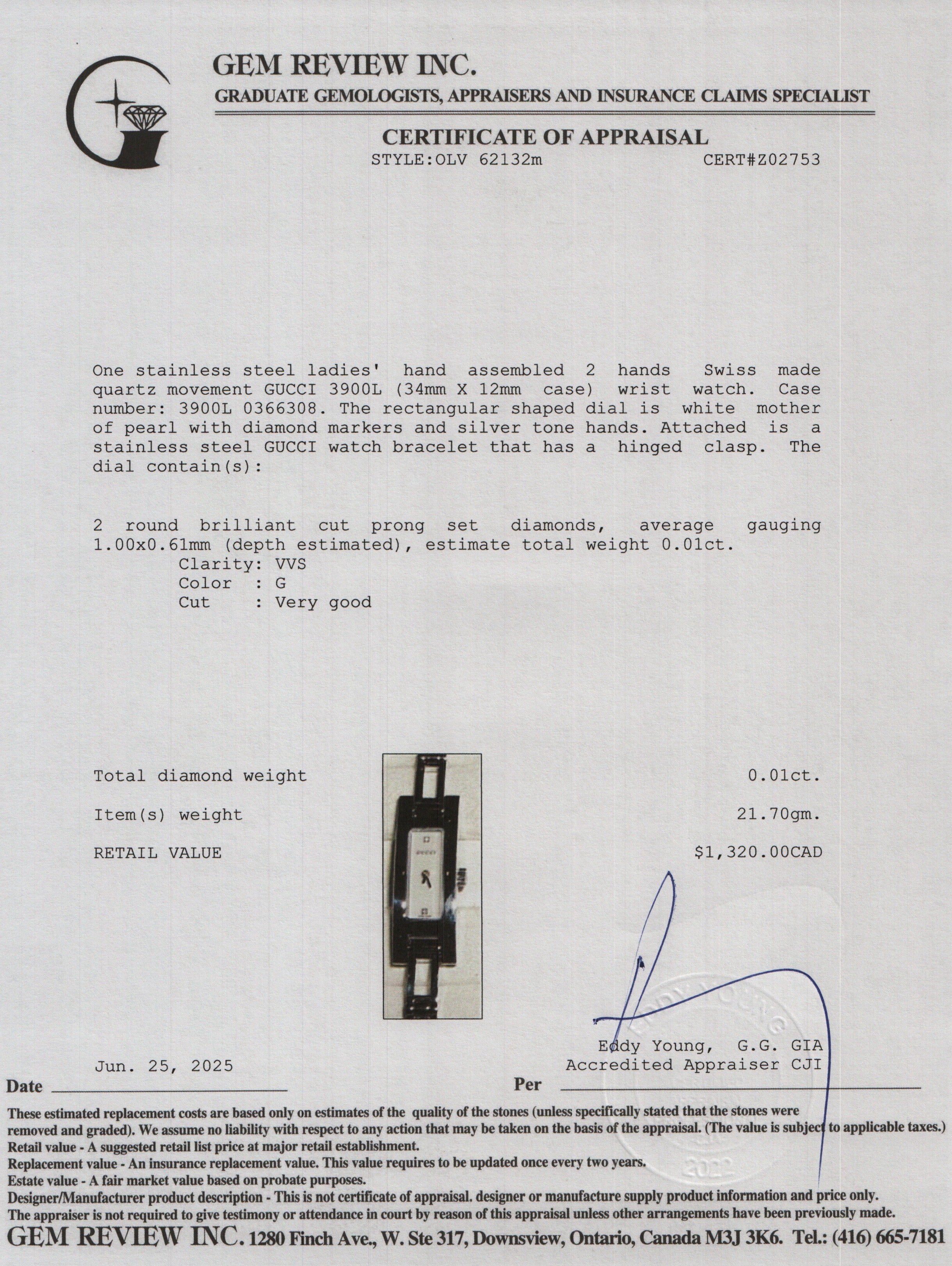 Gucci Stainless Steel 3900 Series Watch Mother of Pearl Diamond Dial