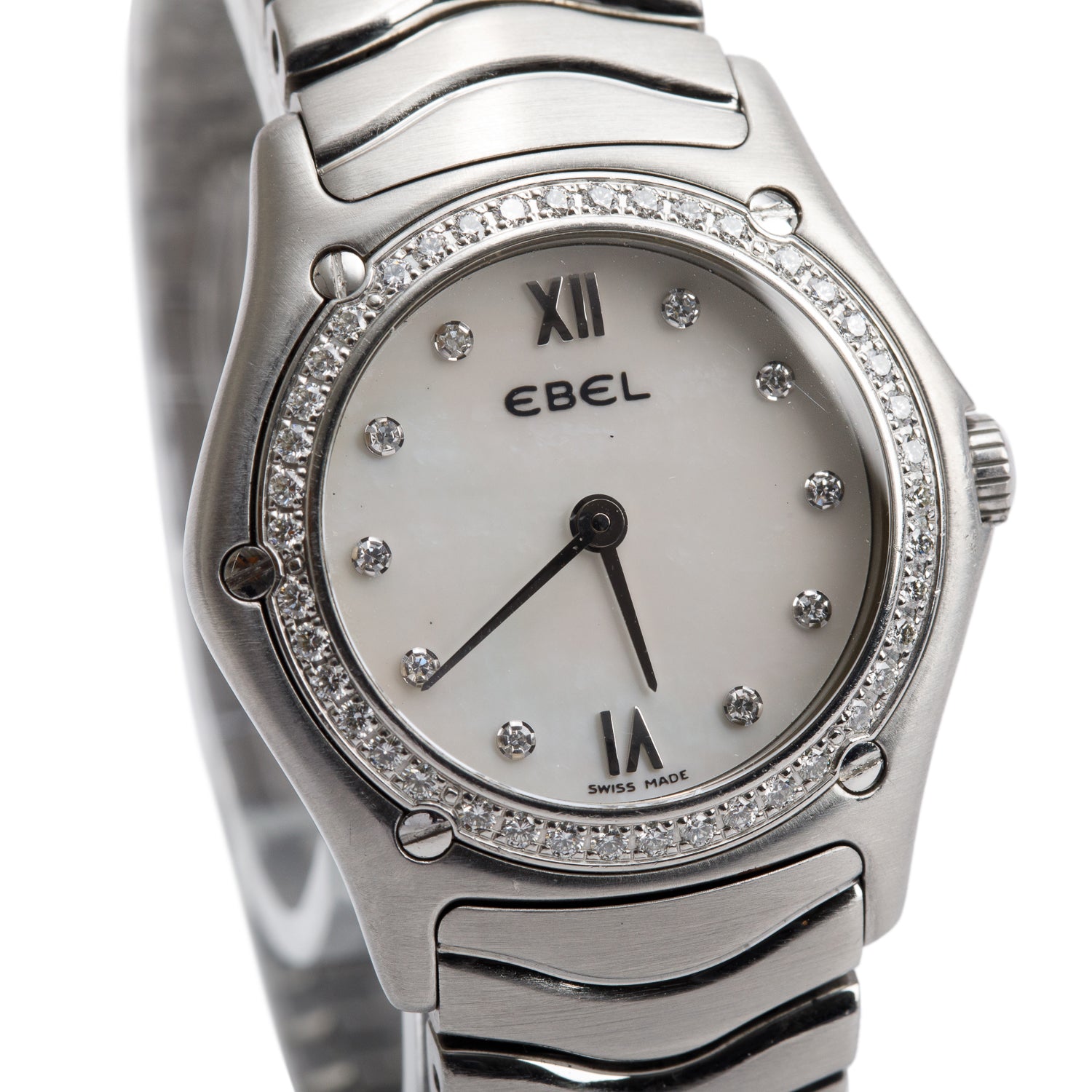 Ebel Stainless Steel Diamond Bezel Classic Wave 27 MM Quartz Watch Mother of Pearl Diamond Dial