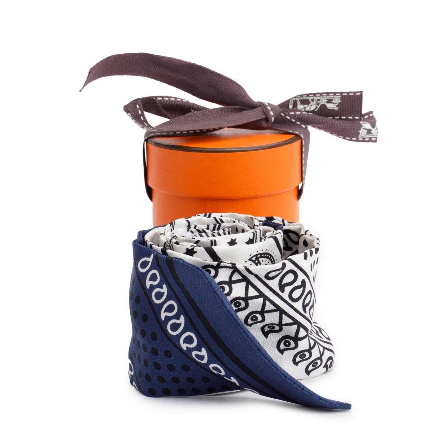 Hermes White/Navy 'Eperon d'Or' Silk Twilly w/ Box