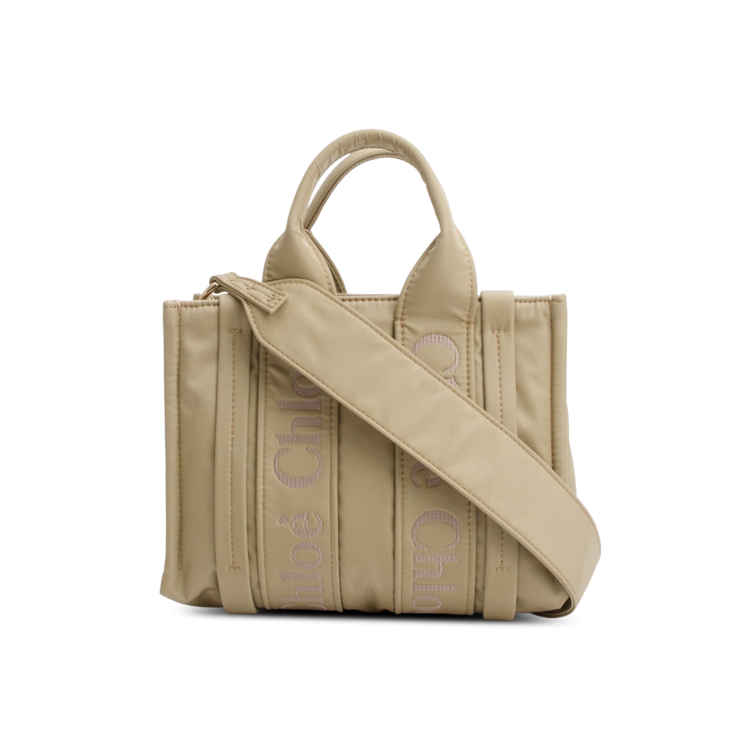Chloe Green Olive Nylon Logo Small Woody Tote w/ Strap & Authenticity Card