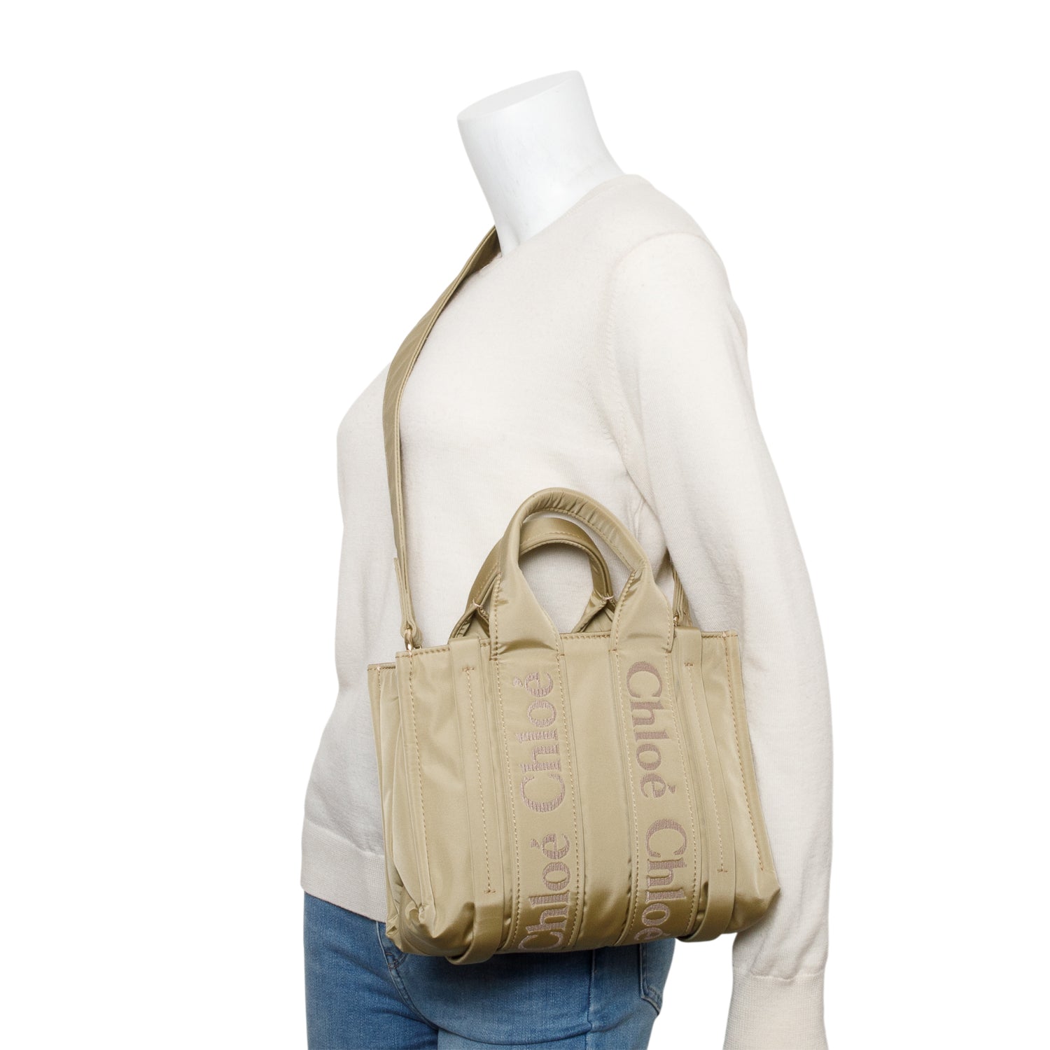 Chloe Green Olive Nylon Logo Small Woody Tote w/ Strap & Authenticity Card
