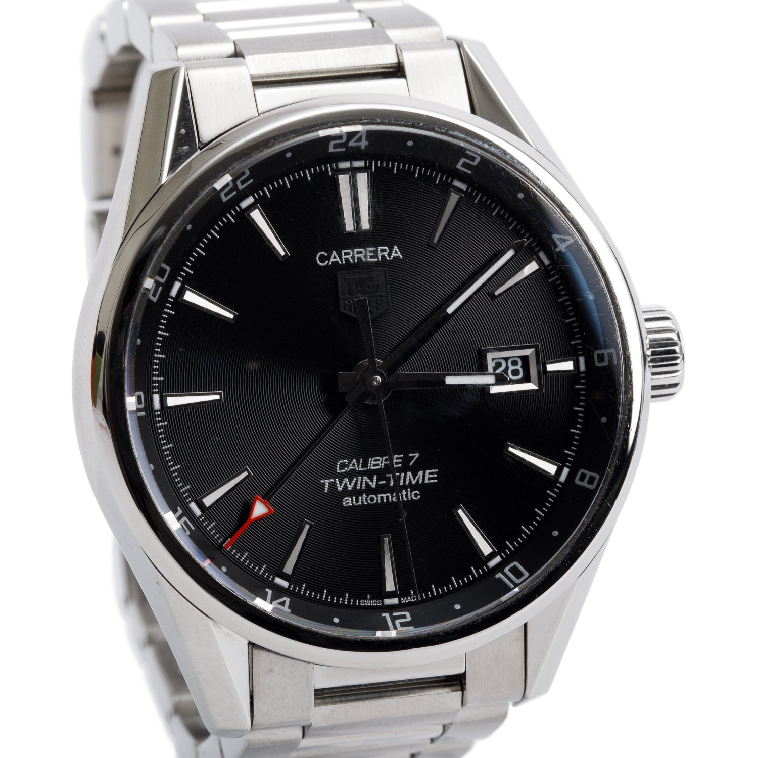 Tag Heuer Stainless Steel Carrera Date Calibre 7 Twin-Time 41 MM Automatic Watch WAR2010-1 w/ Box