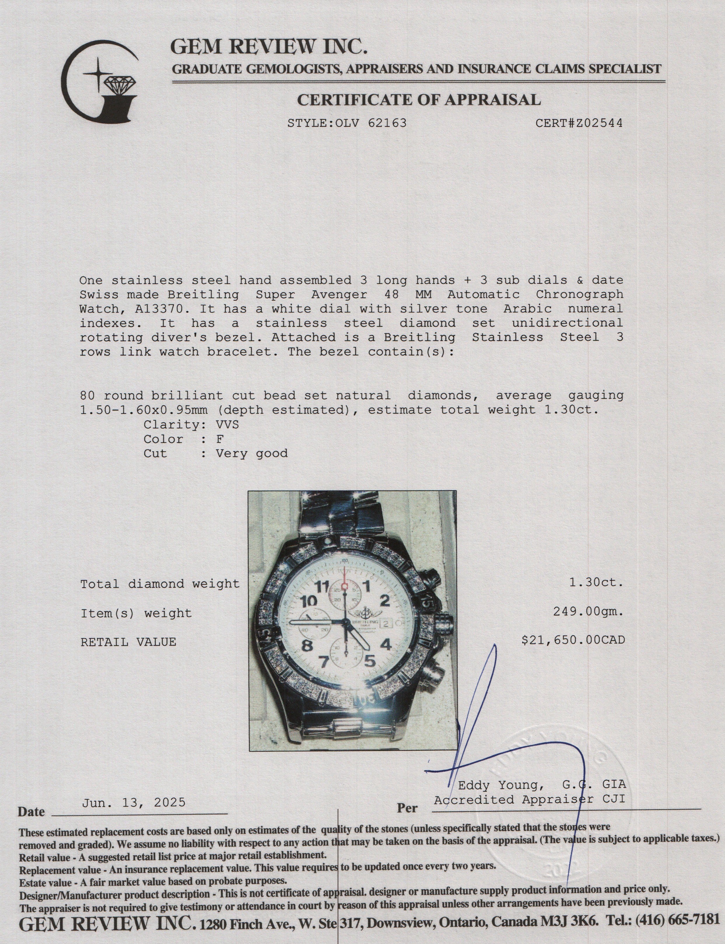 Breitling Stainless Steel Diamond Bezel Super Avenger 48 MM Automatic Chronograph Watch White Dial A13370