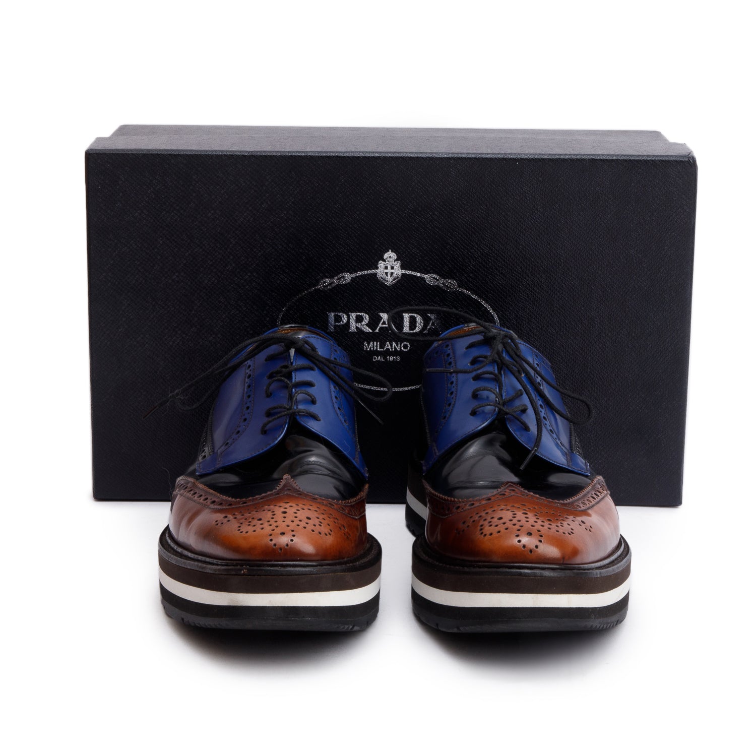 Prada Blue Spazzolato Leather Laced Brogue Shoes, Size 8 w/ Box
