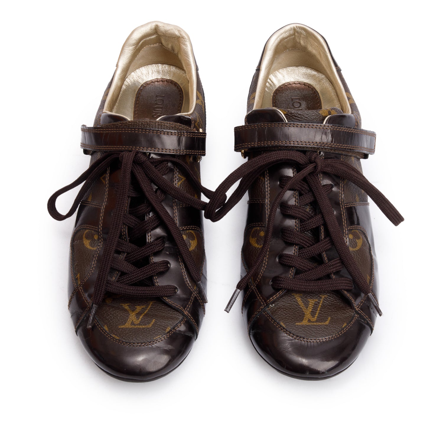 Louis Vuitton Monogram Canvas Brown Patent Leather Globe Trotter Sneakers, Size 39 w/ Box