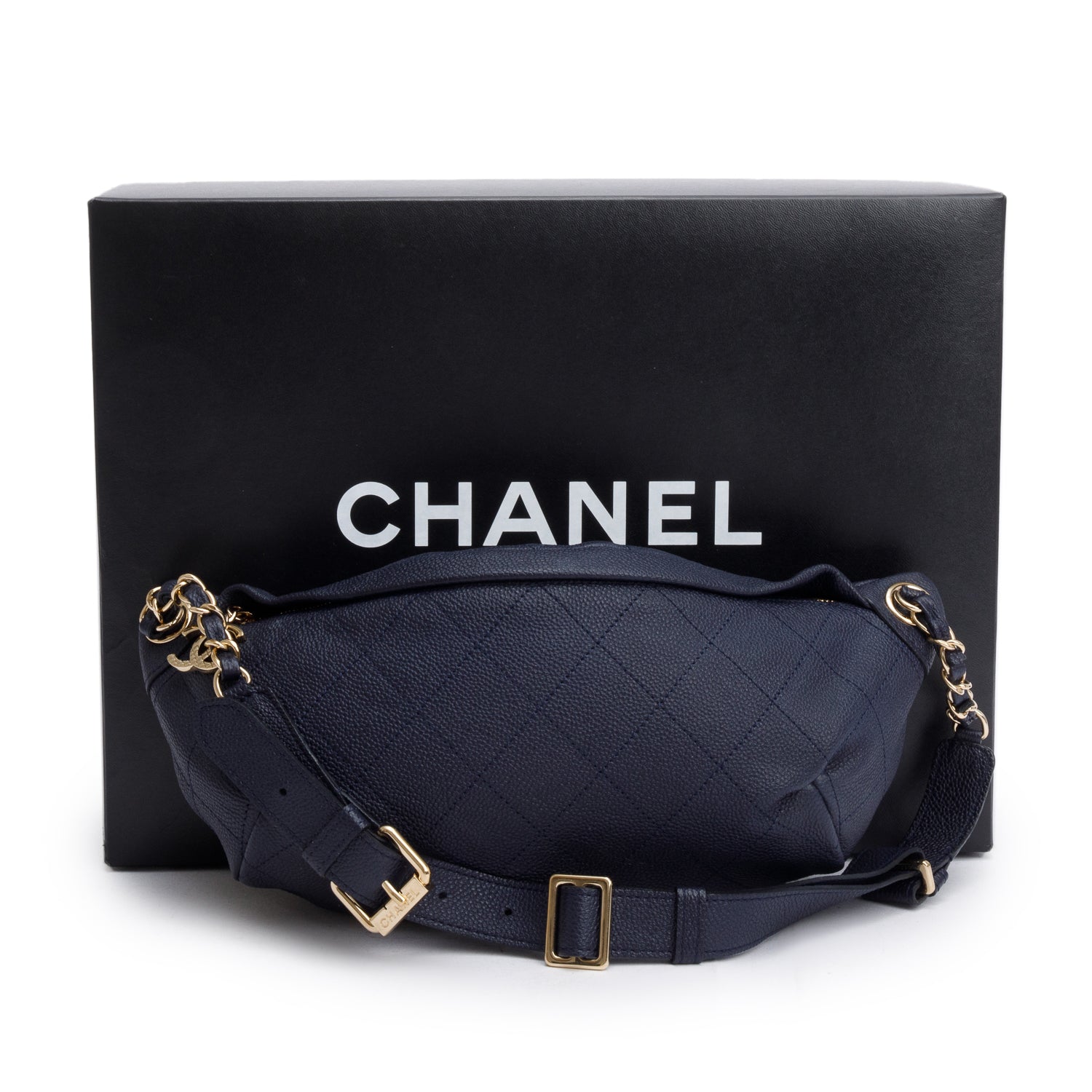 Chanel Navy Calfskin Leather Quilted Banane Waist Bag w/ Box & Authenticity Card