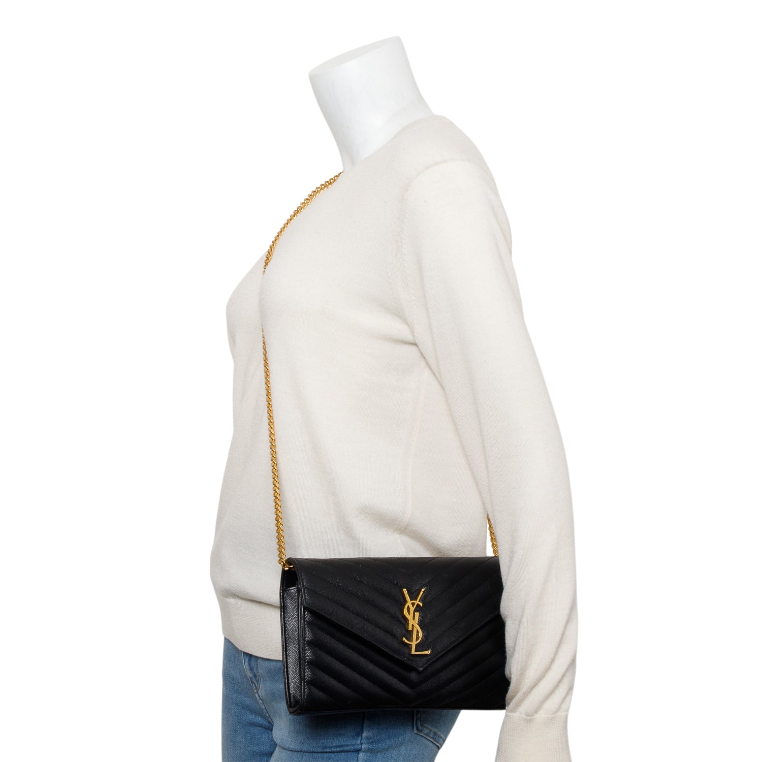 Saint Laurent Black Cassandre Matelasse Envelope Chain Wallet