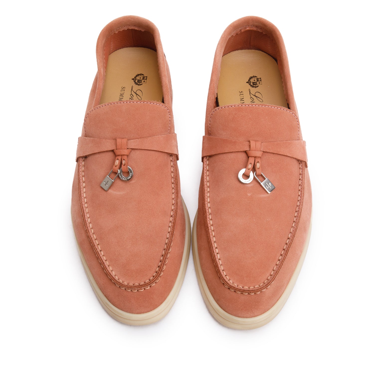 Loro Piana Ancient Blush Suede Summer Charms Walk Loafers, Size 37 w/ Box