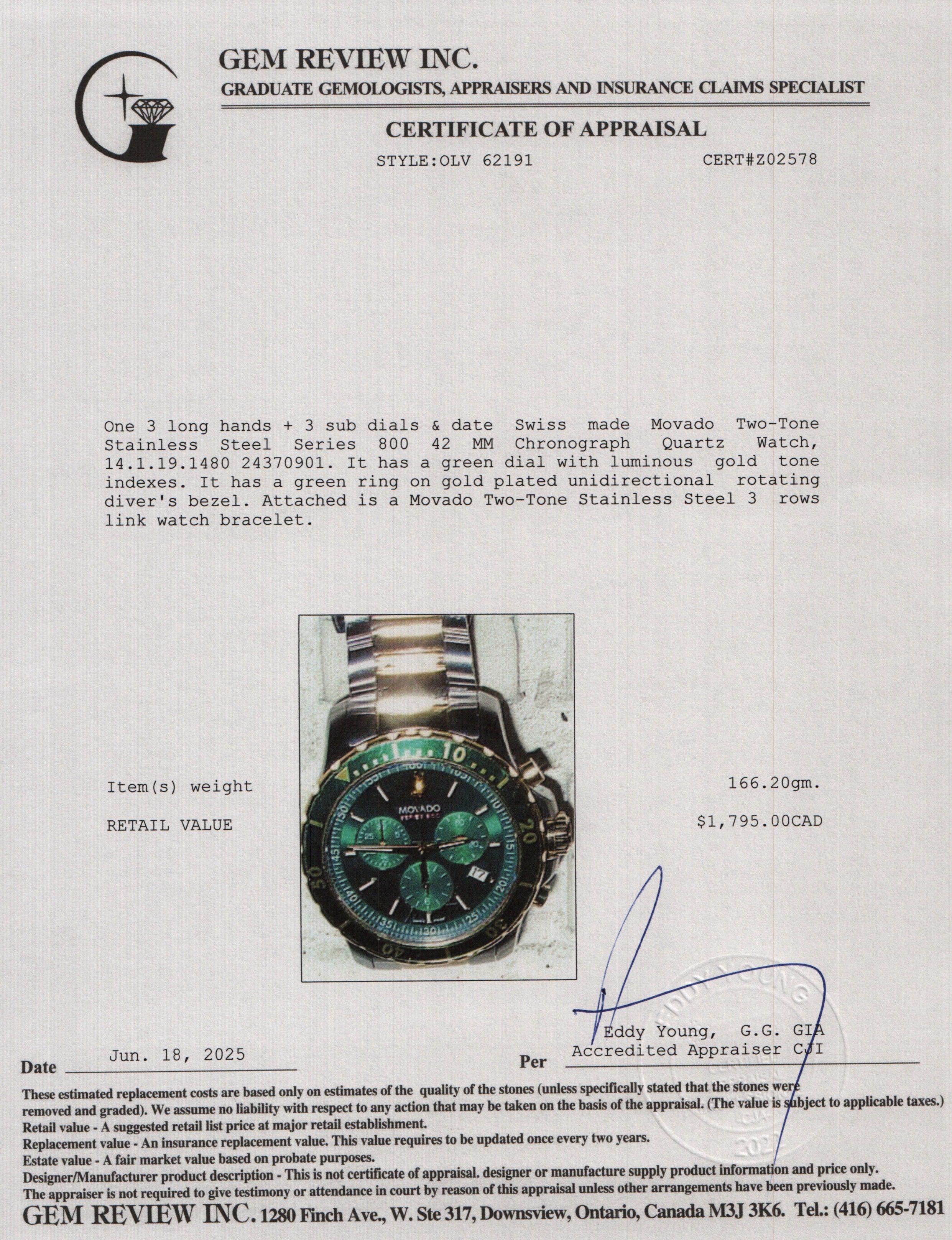 Movado Two-Tone Stainless Steel Series 800 42 MM Chronograph Quartz Watch Green Dial