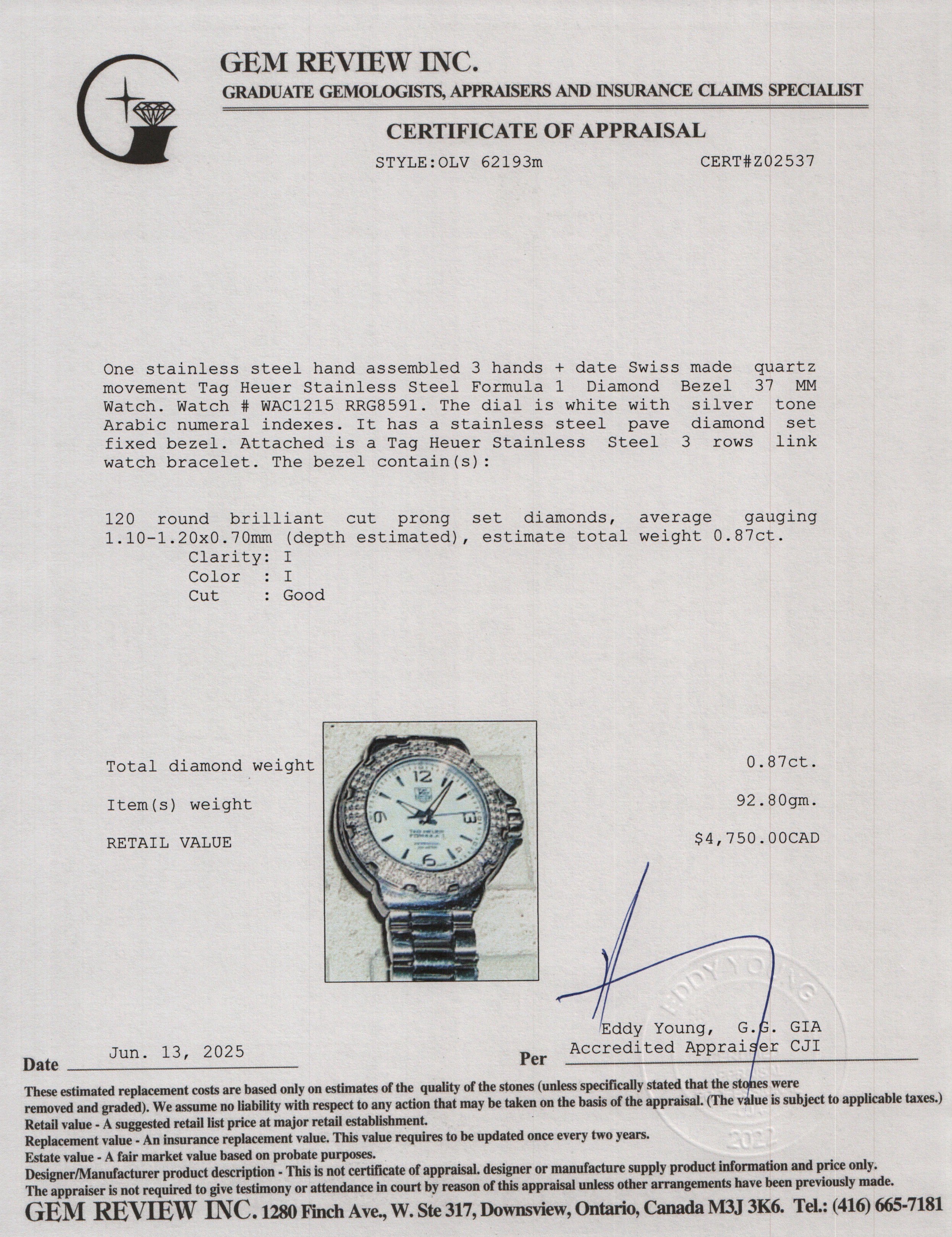 Tag Heuer Stainless Steel Formula 1 Diamond Bezel 37 MM Watch WAC1215