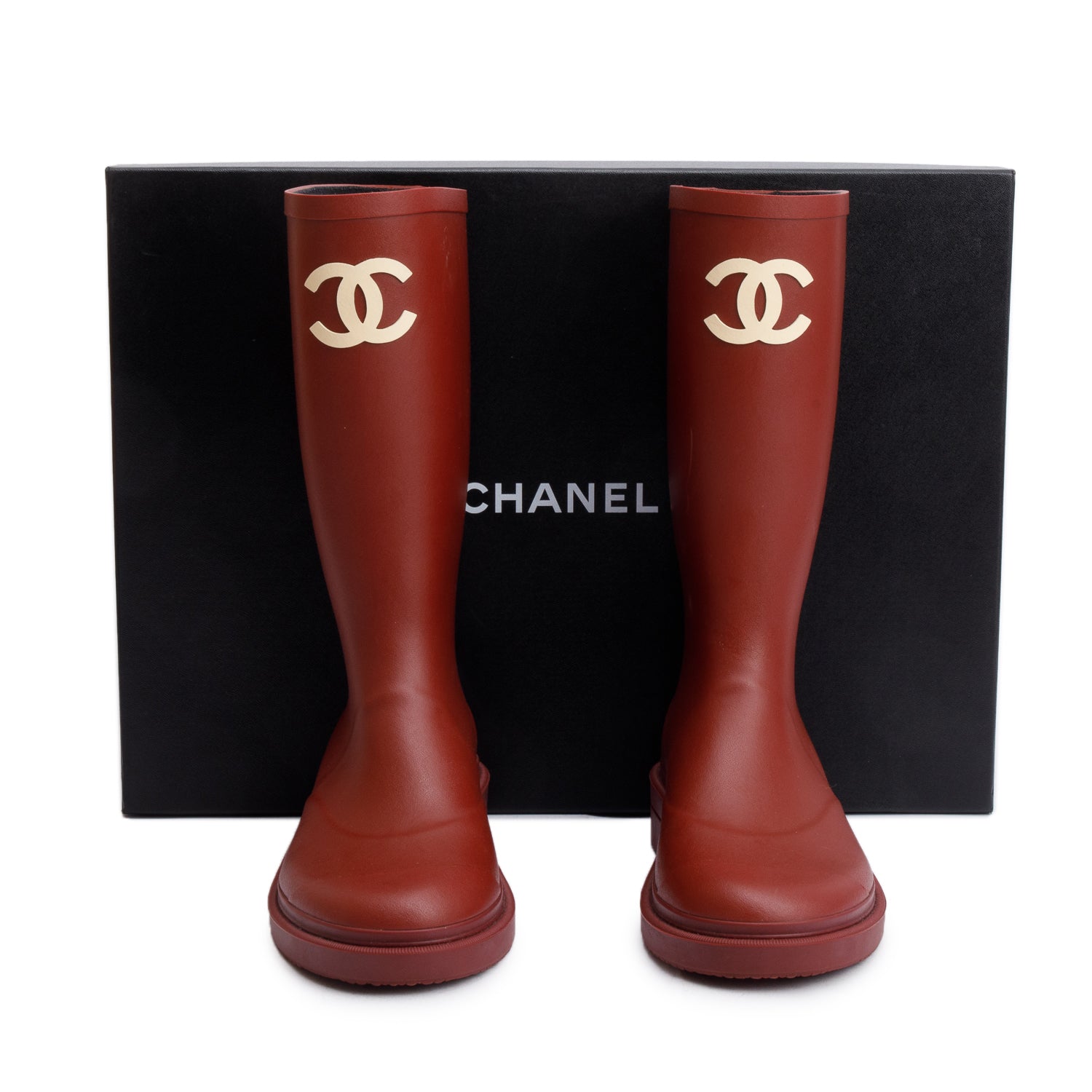 Chanel Dark Red Rubber CC High Rain Boots, Size 37 w/ Box