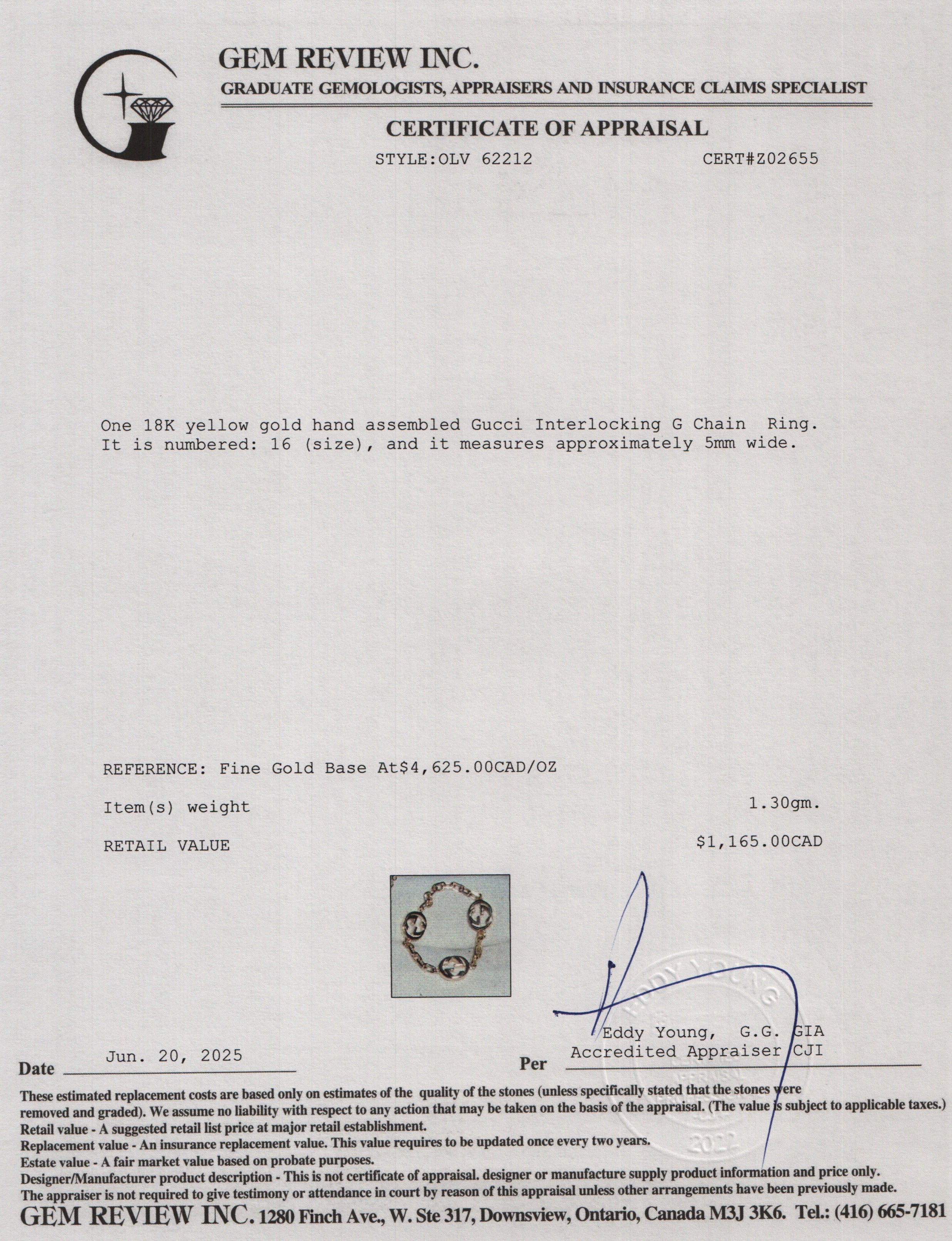 Gucci 18k Yellow Gold Interlocking G Chain Ring, Size 16 6.75 w/ Box