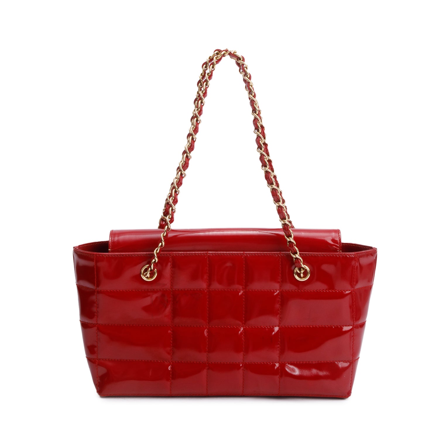 Chanel Red Quilted Patent Leather Chocolate Bar CC Tote