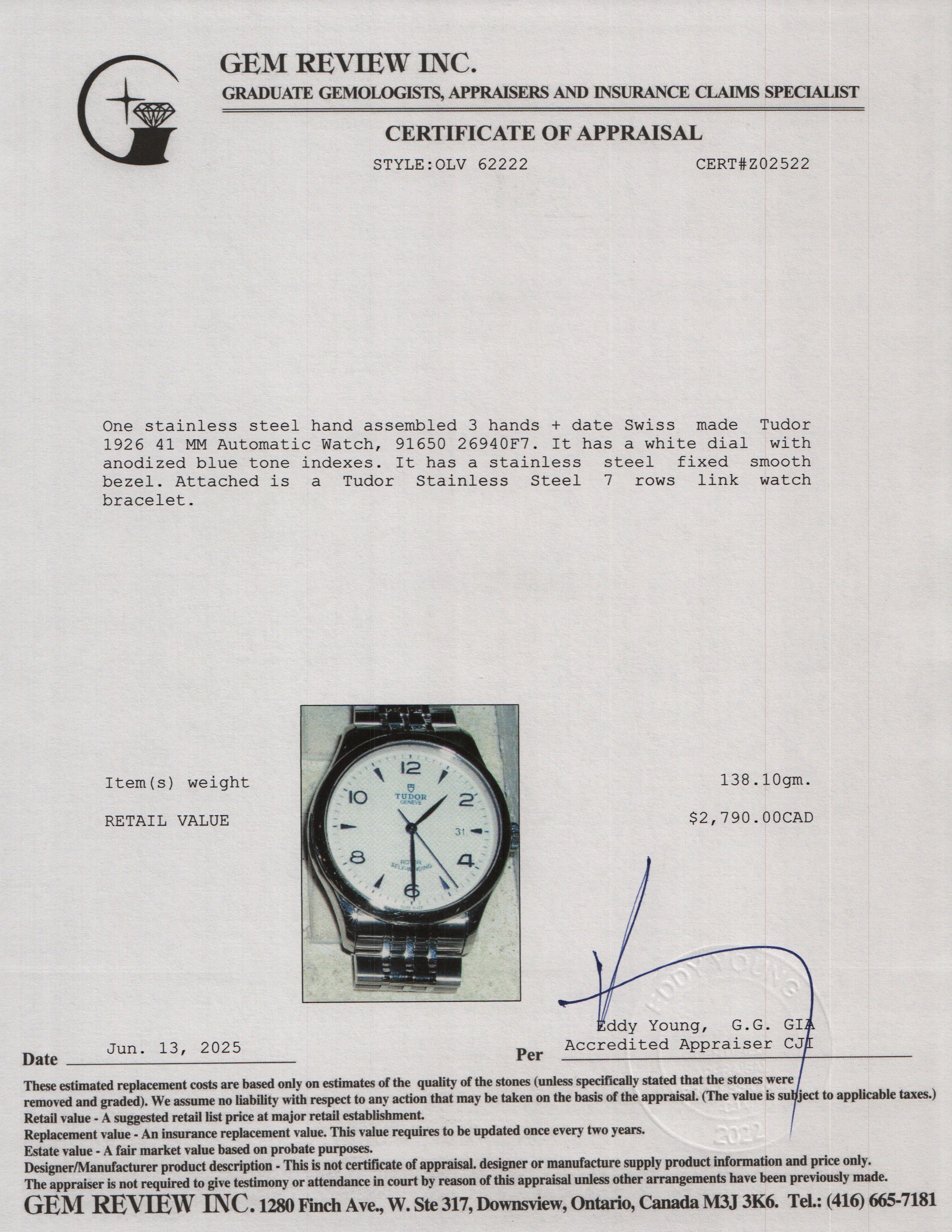 Tudor 2024 Stainless Steel 1926 41 MM Automatic Watch 91650 w/ Box & Papers