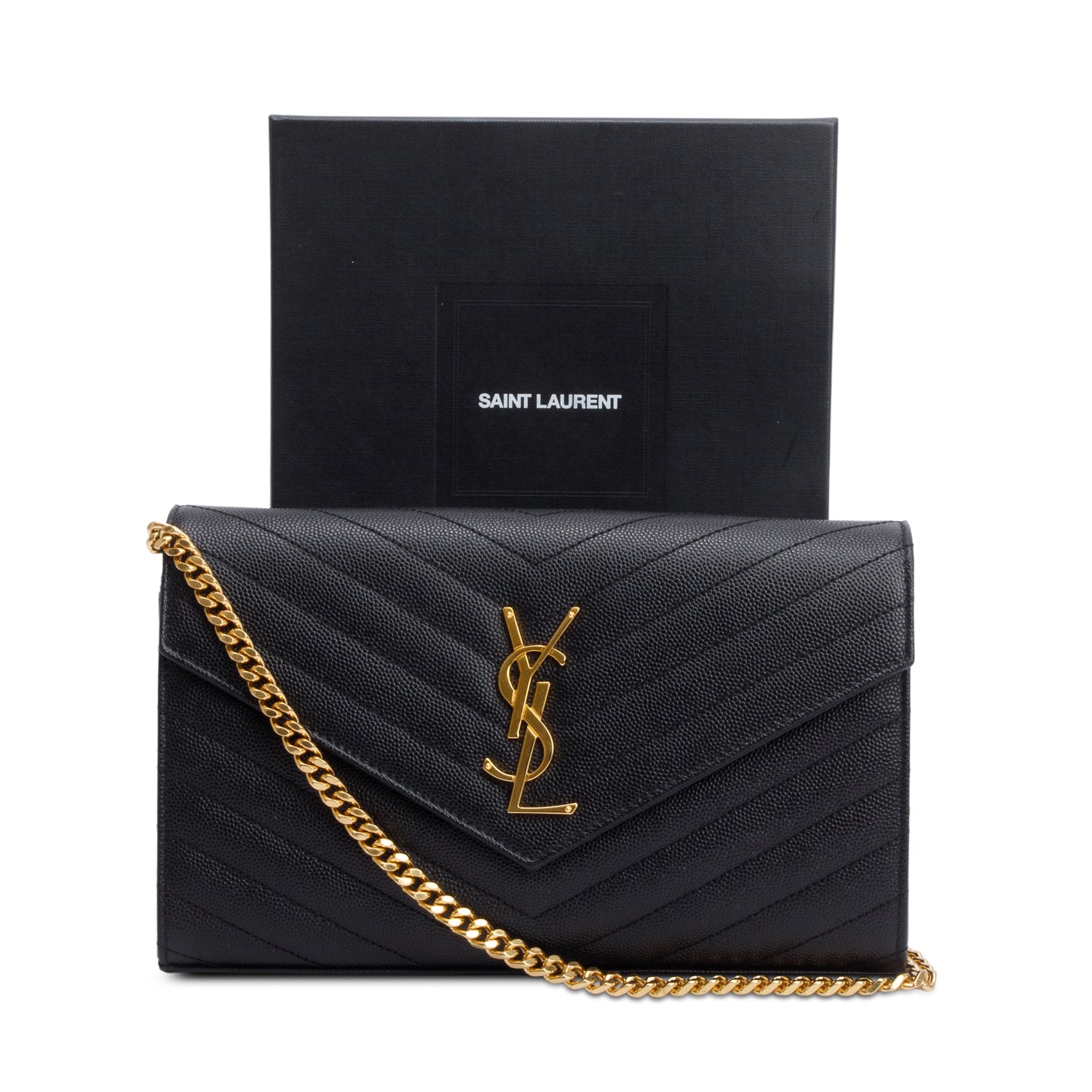 Saint Laurent 2020 Black Grain De Poudre Leather Cassandre Envelope Chain Wallet w/ Box