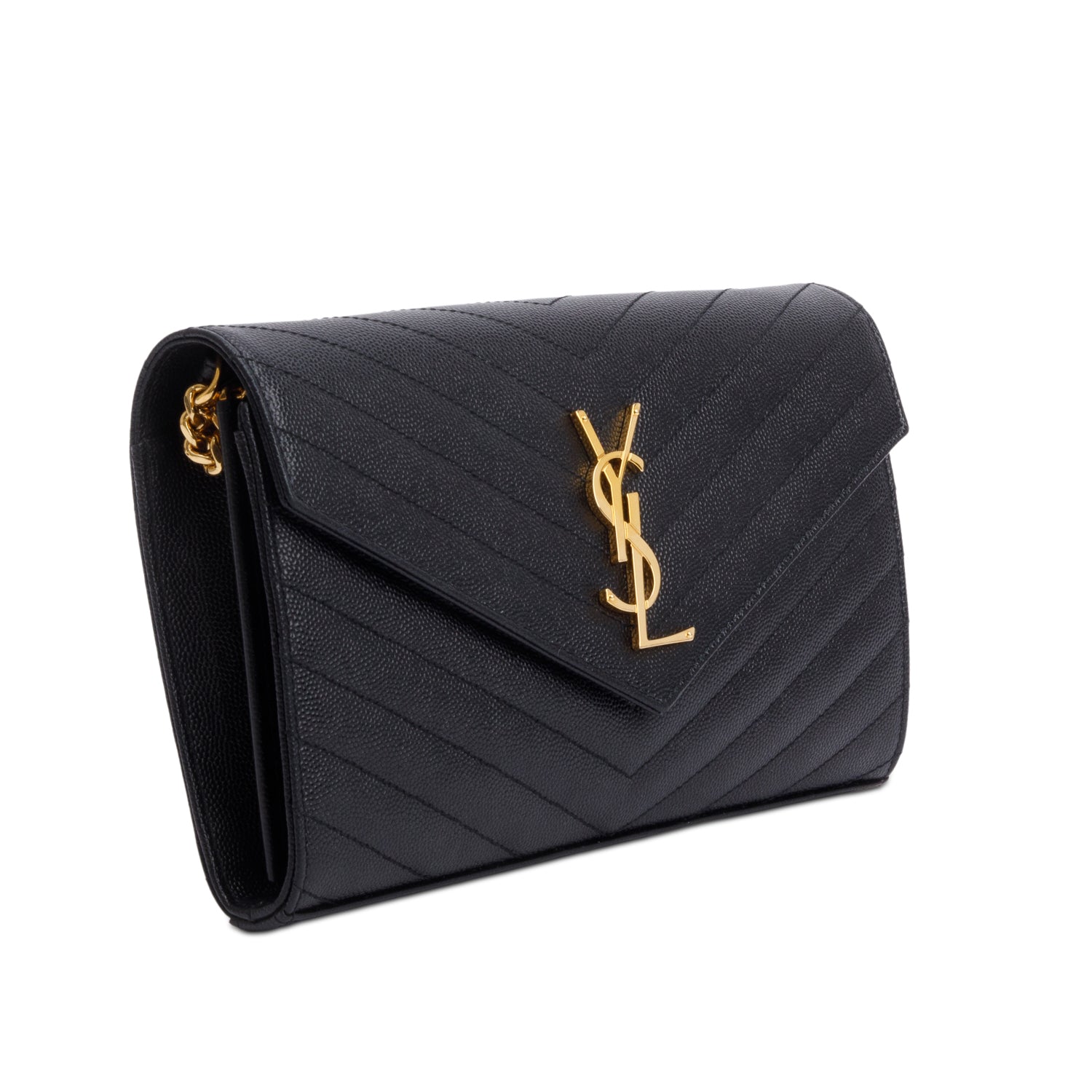 Saint Laurent 2020 Black Grain De Poudre Leather Cassandre Envelope Chain Wallet w/ Box