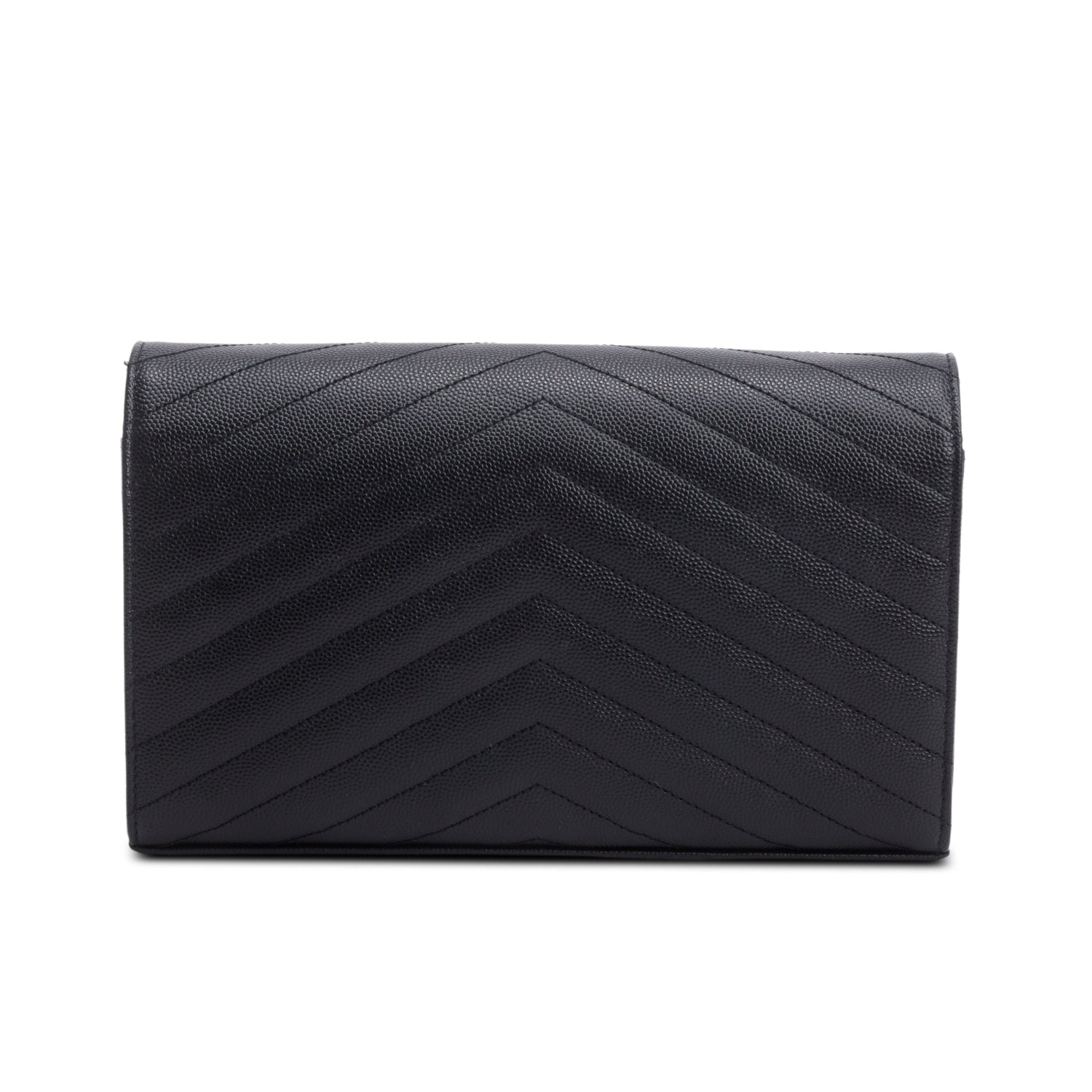 Saint Laurent 2020 Black Grain De Poudre Leather Cassandre Envelope Chain Wallet w/ Box
