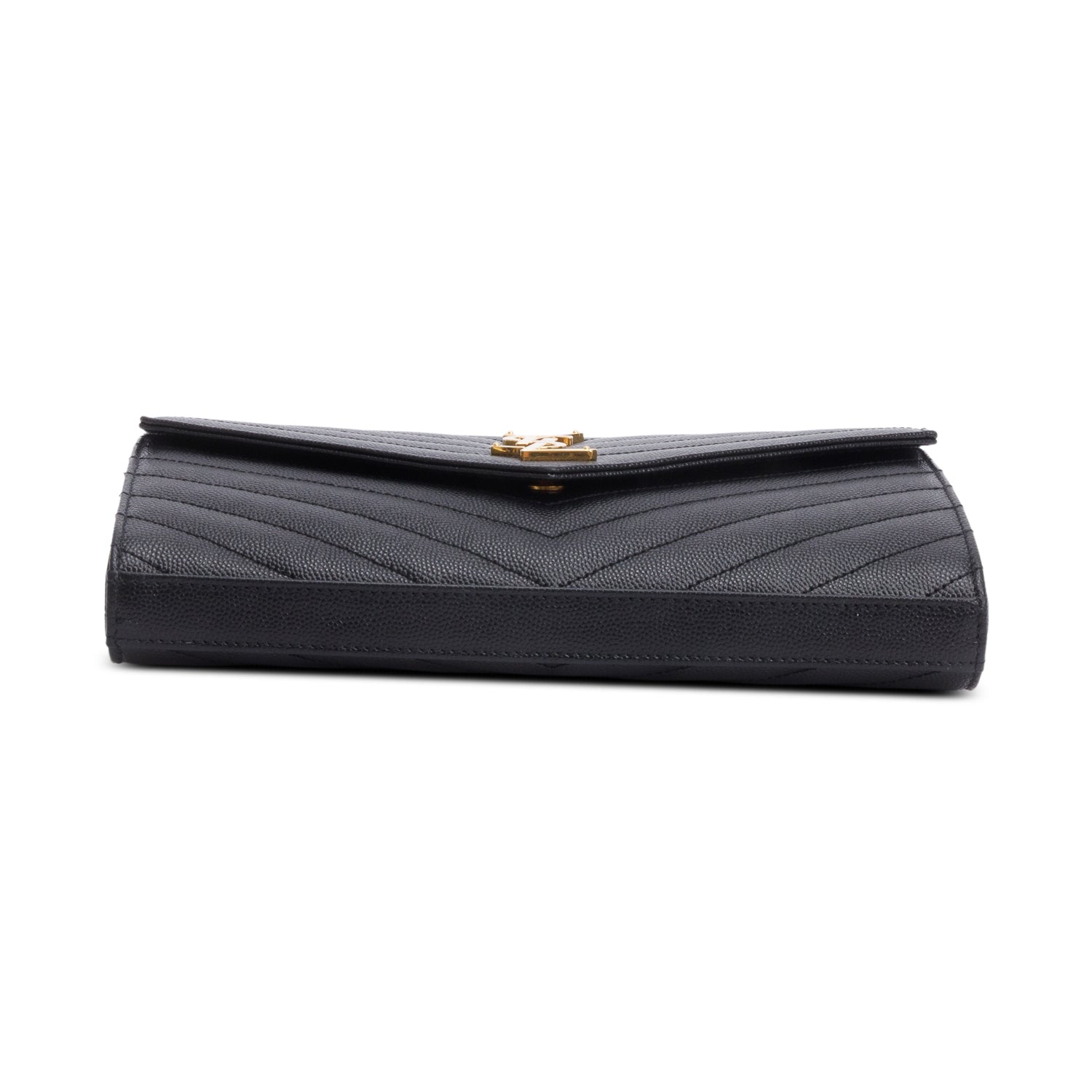 Saint Laurent 2020 Black Grain De Poudre Leather Cassandre Envelope Chain Wallet w/ Box