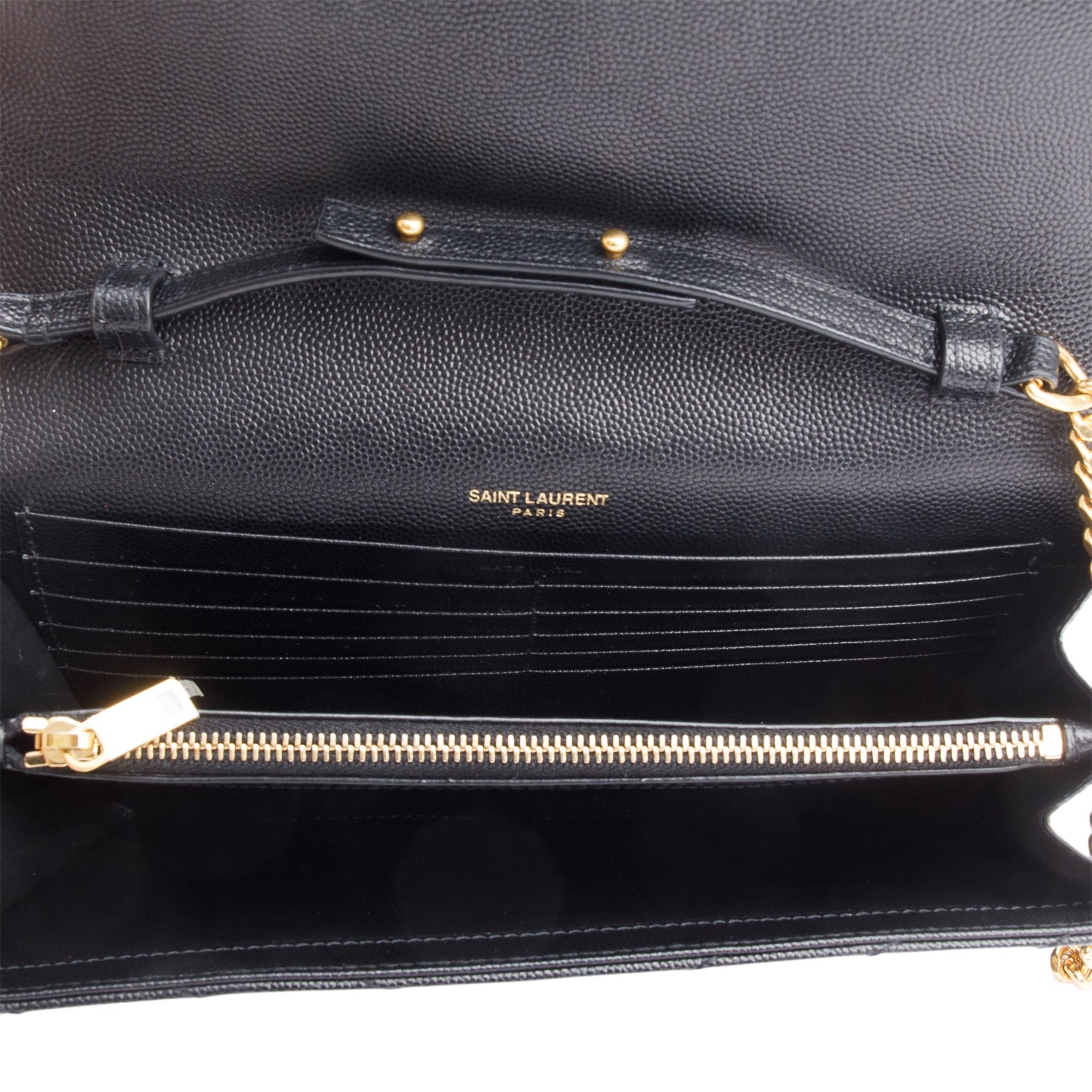Saint Laurent 2020 Black Grain De Poudre Leather Cassandre Envelope Chain Wallet w/ Box