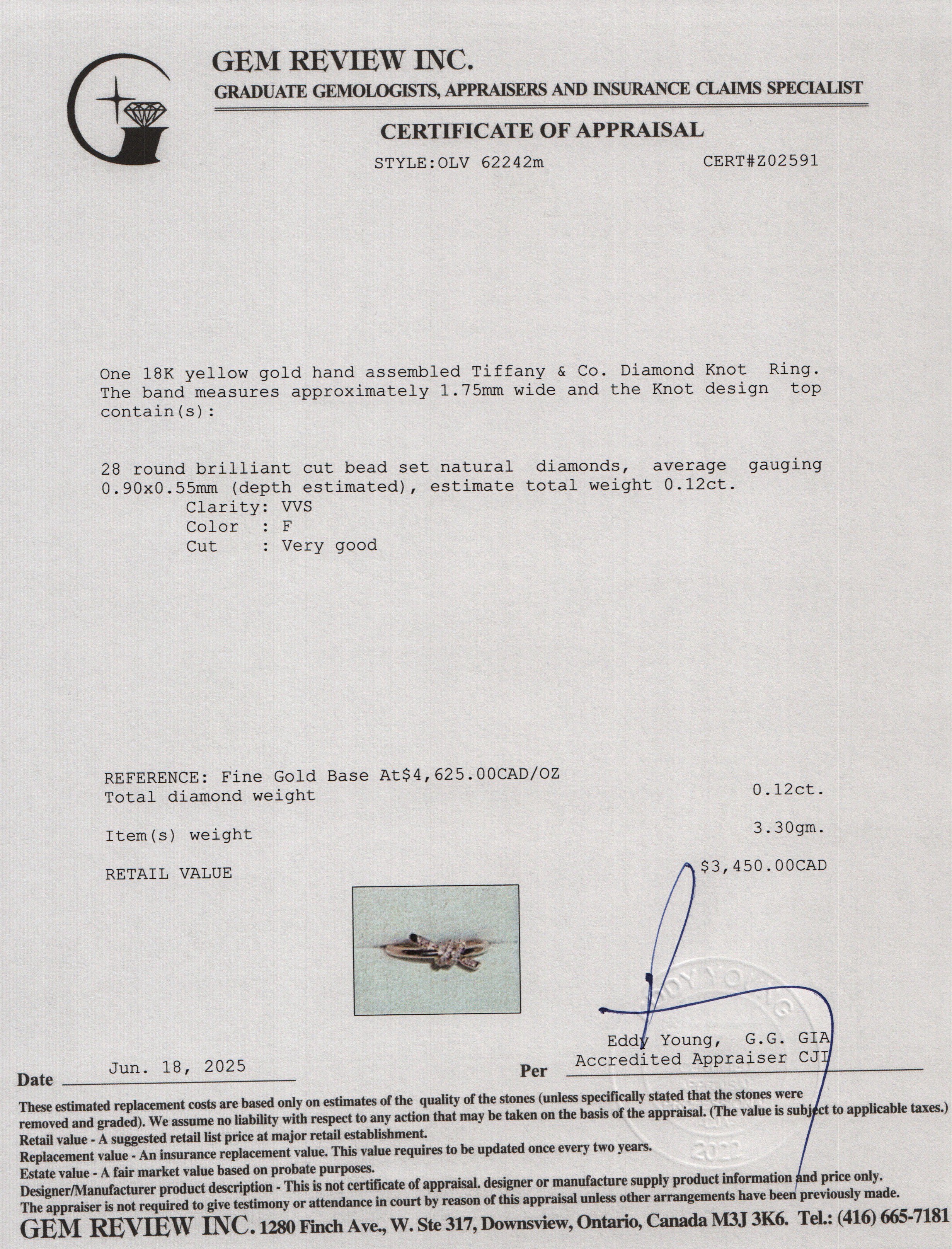 Tiffany & Co. 18k Yellow Gold Diamond Knot Ring, Size 6 w/ Box