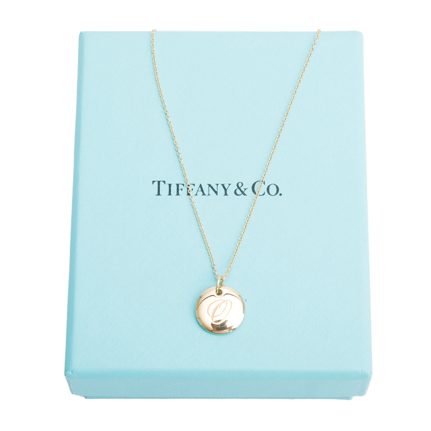 Tiffany & Co. 18k Yellow Gold Notes Alphabet Letter 'O' Disc Pendant Necklace w/ Box