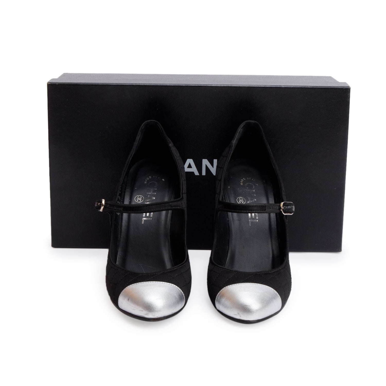 Chanel Black Quilted Satin Silver Leather Cap Toe Mary Jane Pumps, Size 37 w/ Box
