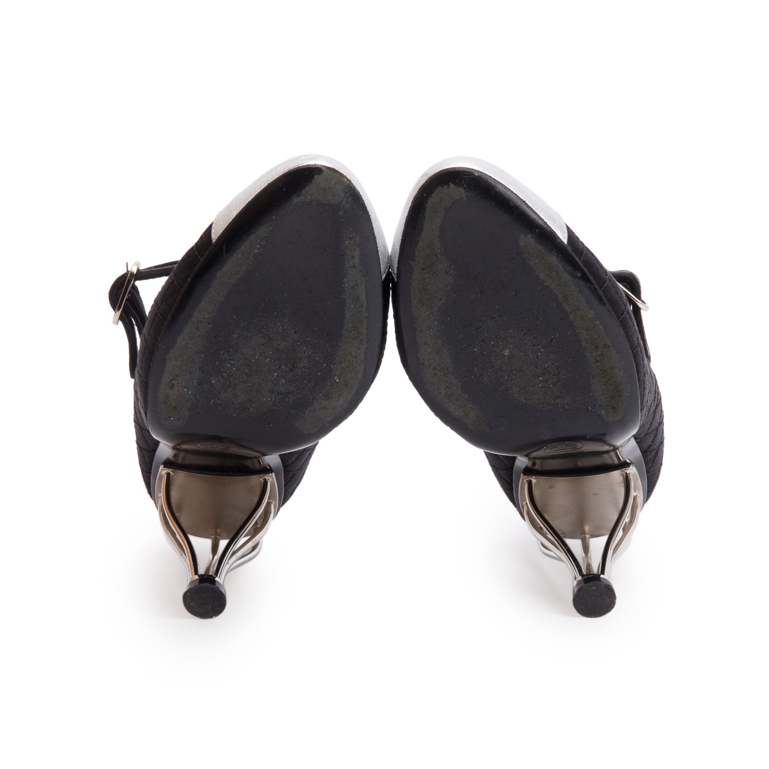 Chanel Black Quilted Satin Silver Leather Cap Toe Mary Jane Pumps, Size 37 w/ Box