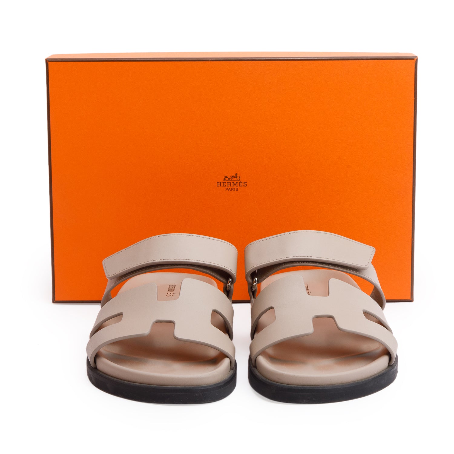 Hermes Beige Mastic Calfskin Leather Chypre Sandals, Size 38 w/ Box