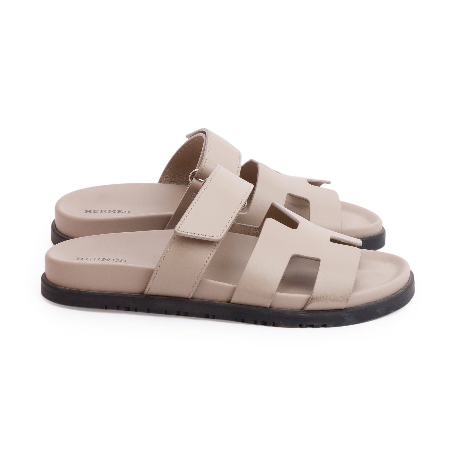 Hermes Beige Mastic Calfskin Leather Chypre Sandals, Size 38 w/ Box