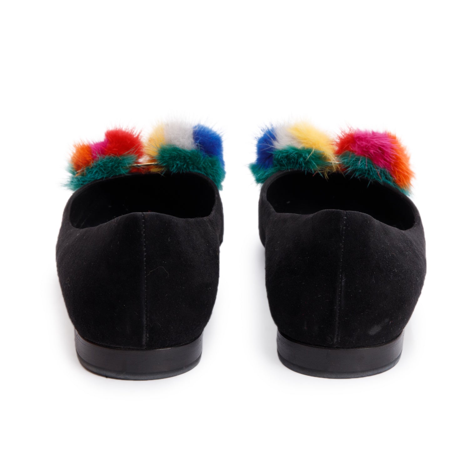 Salvatore Ferragamo Black Suede Multicolor Faux Fur Varina Ballet Flats, Size 10 w/ Box