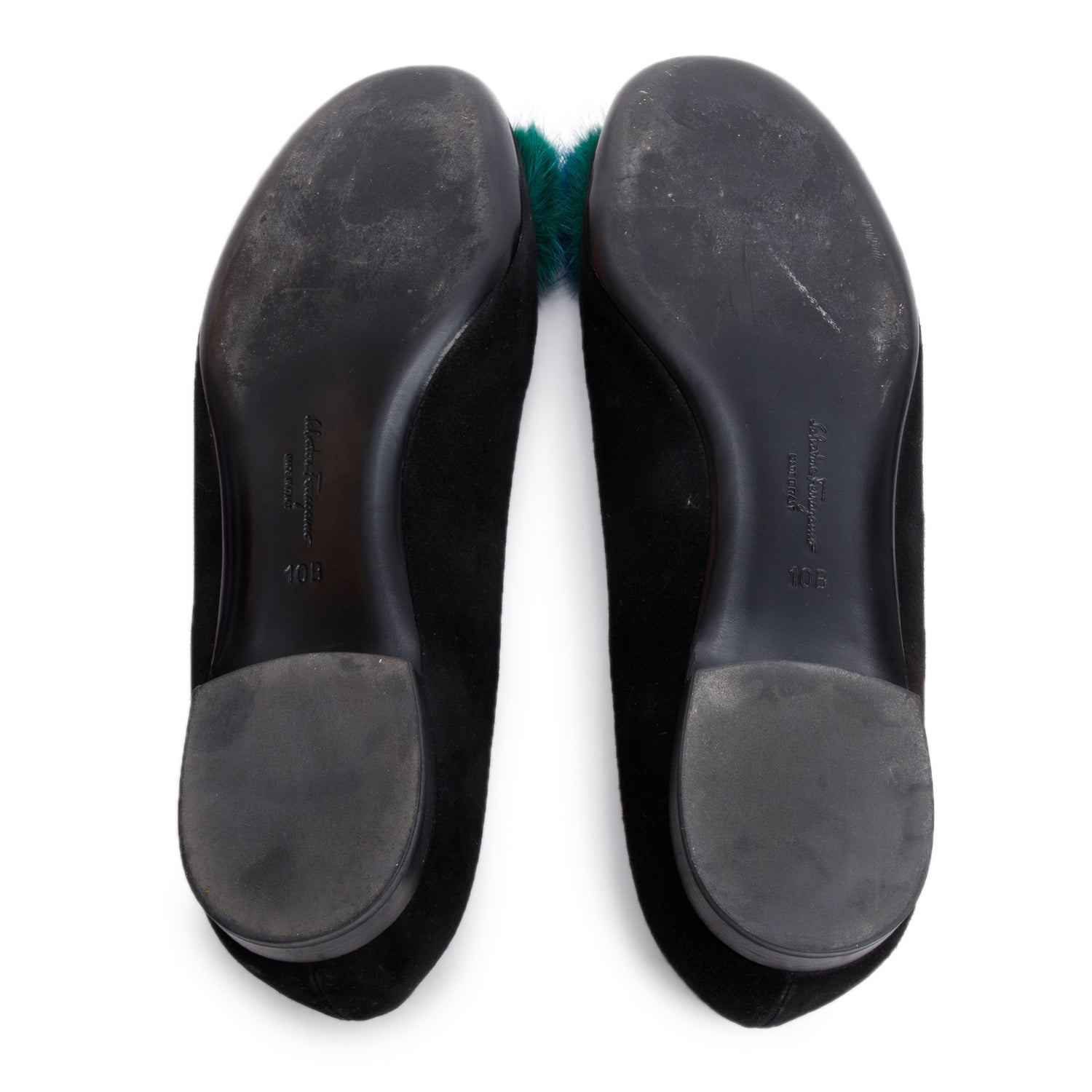 Salvatore Ferragamo Black Suede Multicolor Faux Fur Varina Ballet Flats, Size 10 w/ Box