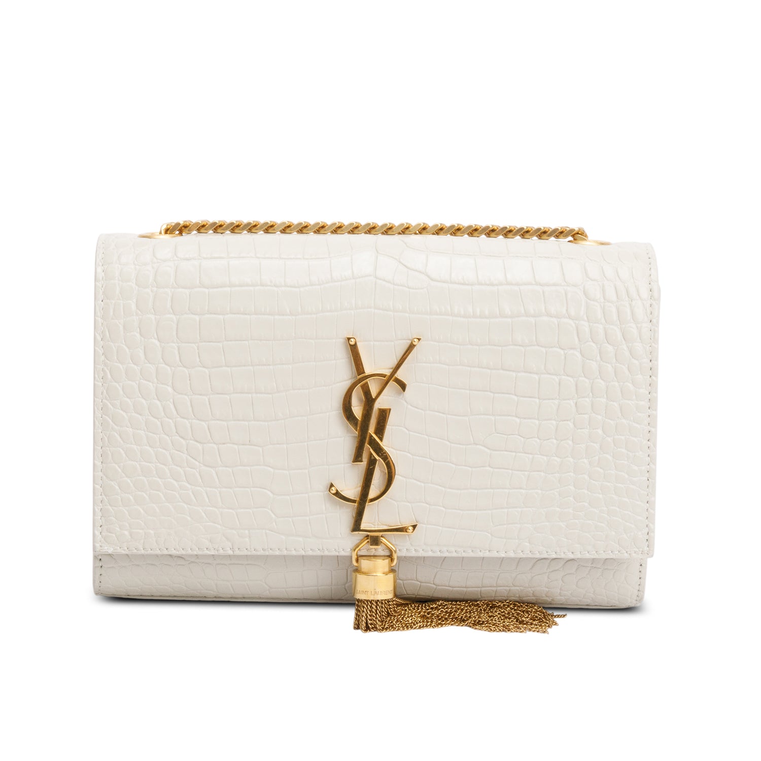 Saint Laurent 2025 White Crocodile-Embossed Leather Small Classic Monogram Kate Tassel Chain Bag w/ Box