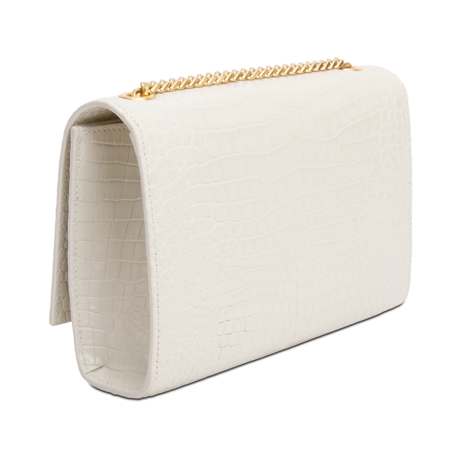 Saint Laurent 2025 White Crocodile-Embossed Leather Small Classic Monogram Kate Tassel Chain Bag w/ Box