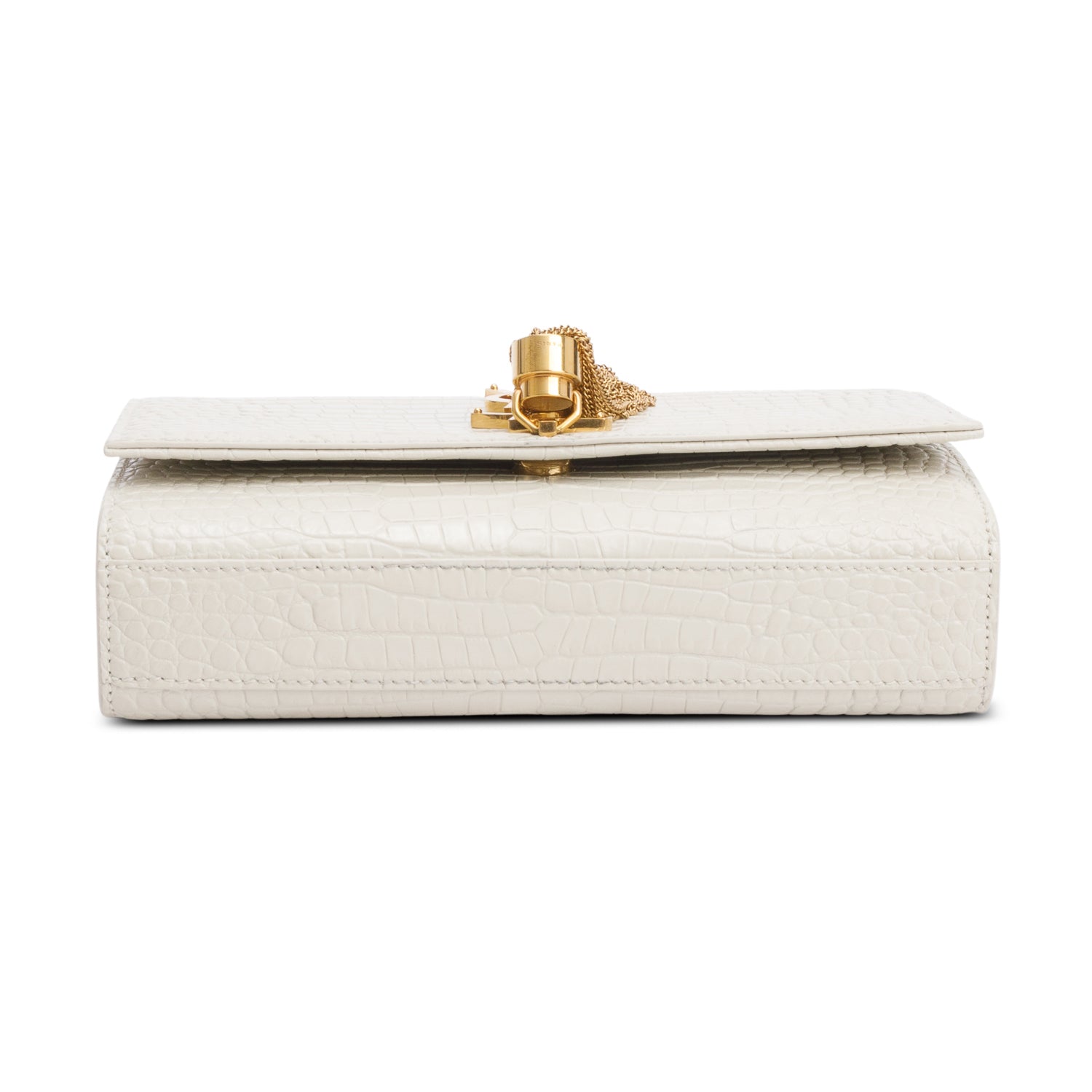 Saint Laurent 2025 White Crocodile-Embossed Leather Small Classic Monogram Kate Tassel Chain Bag w/ Box