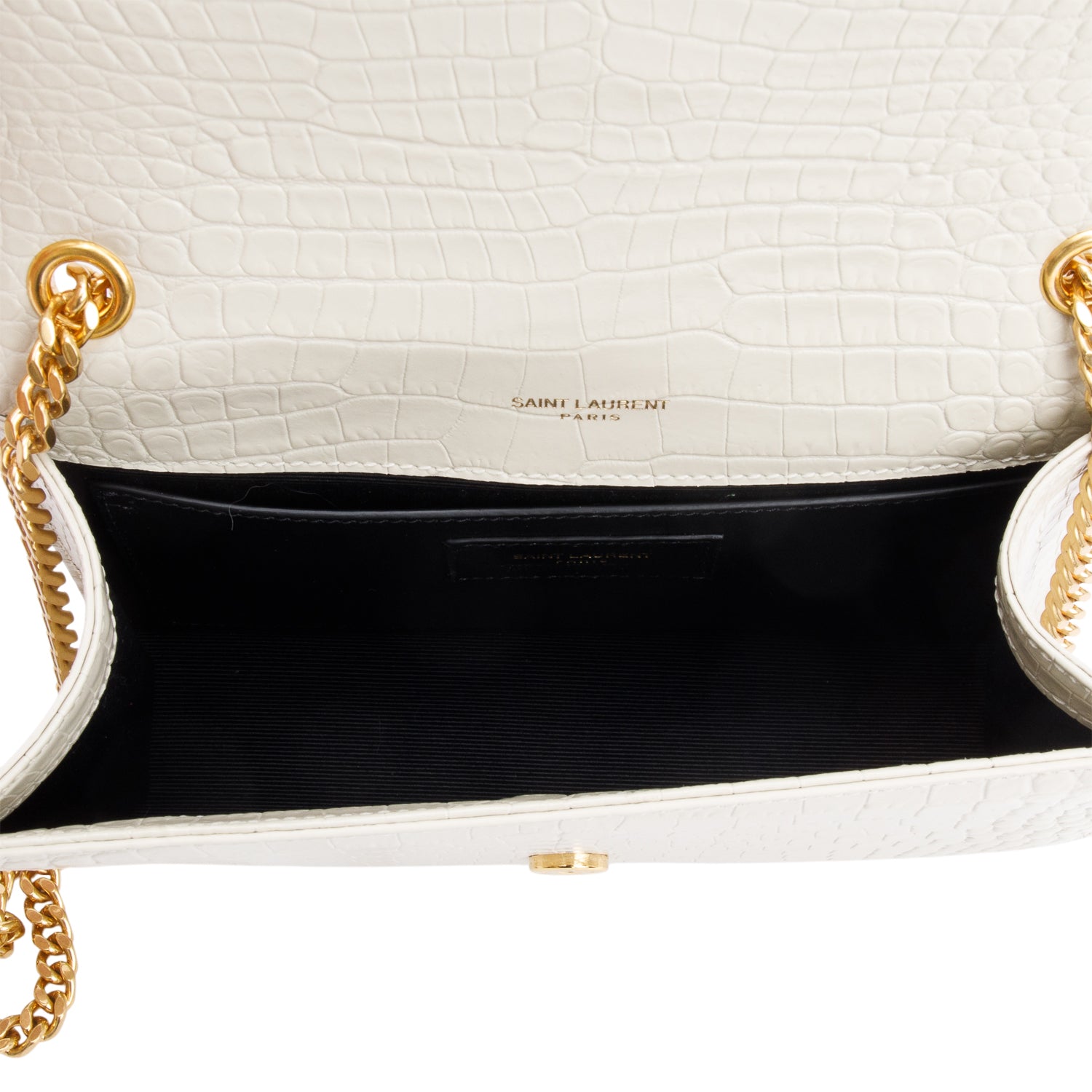 Saint Laurent 2025 White Crocodile-Embossed Leather Small Classic Monogram Kate Tassel Chain Bag w/ Box