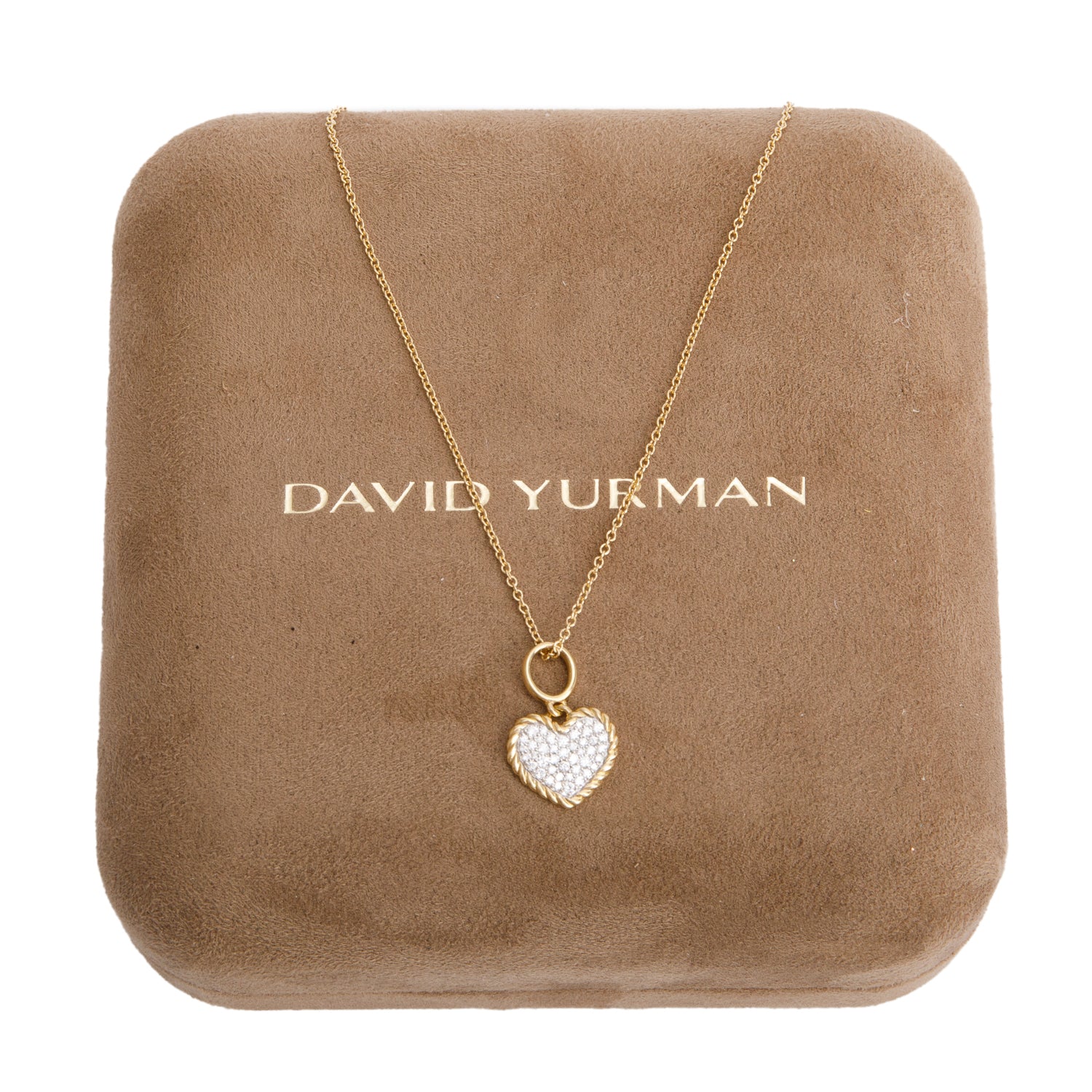 David Yurman 18k Yellow Gold Pave Diamond Cable Collectibles Plate Heart Pendant Necklace, 11.5 MM  w/ Box