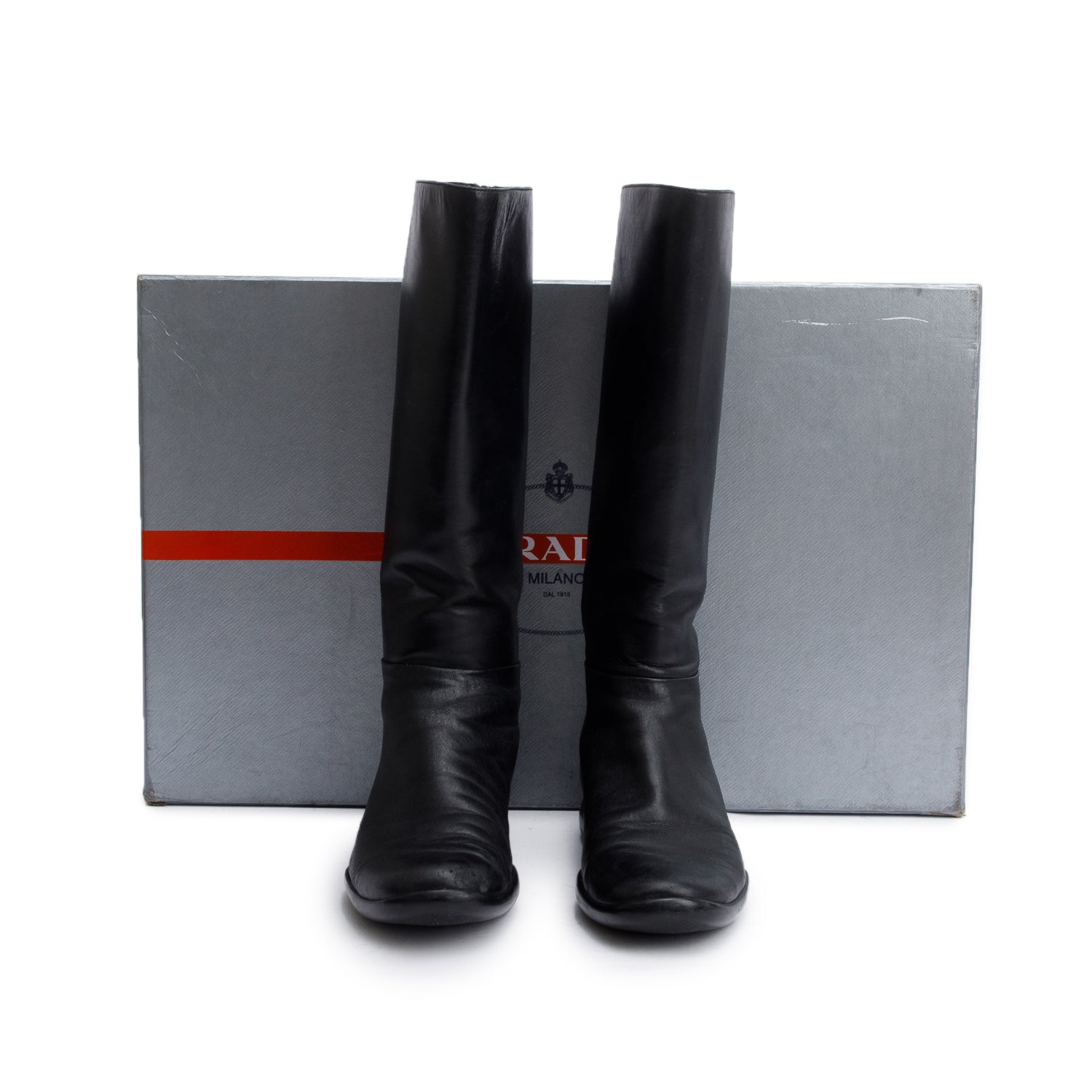 Prada Black Leather Riding Boots, Size 8 w/ Box