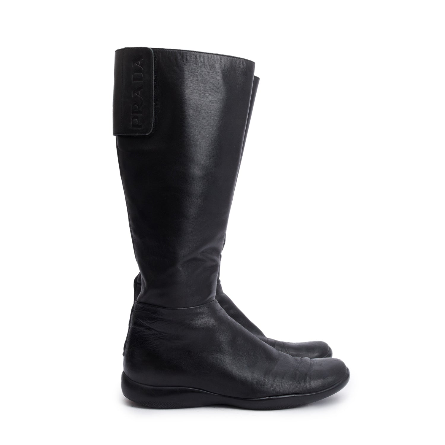 Prada Black Leather Riding Boots, Size 8 w/ Box