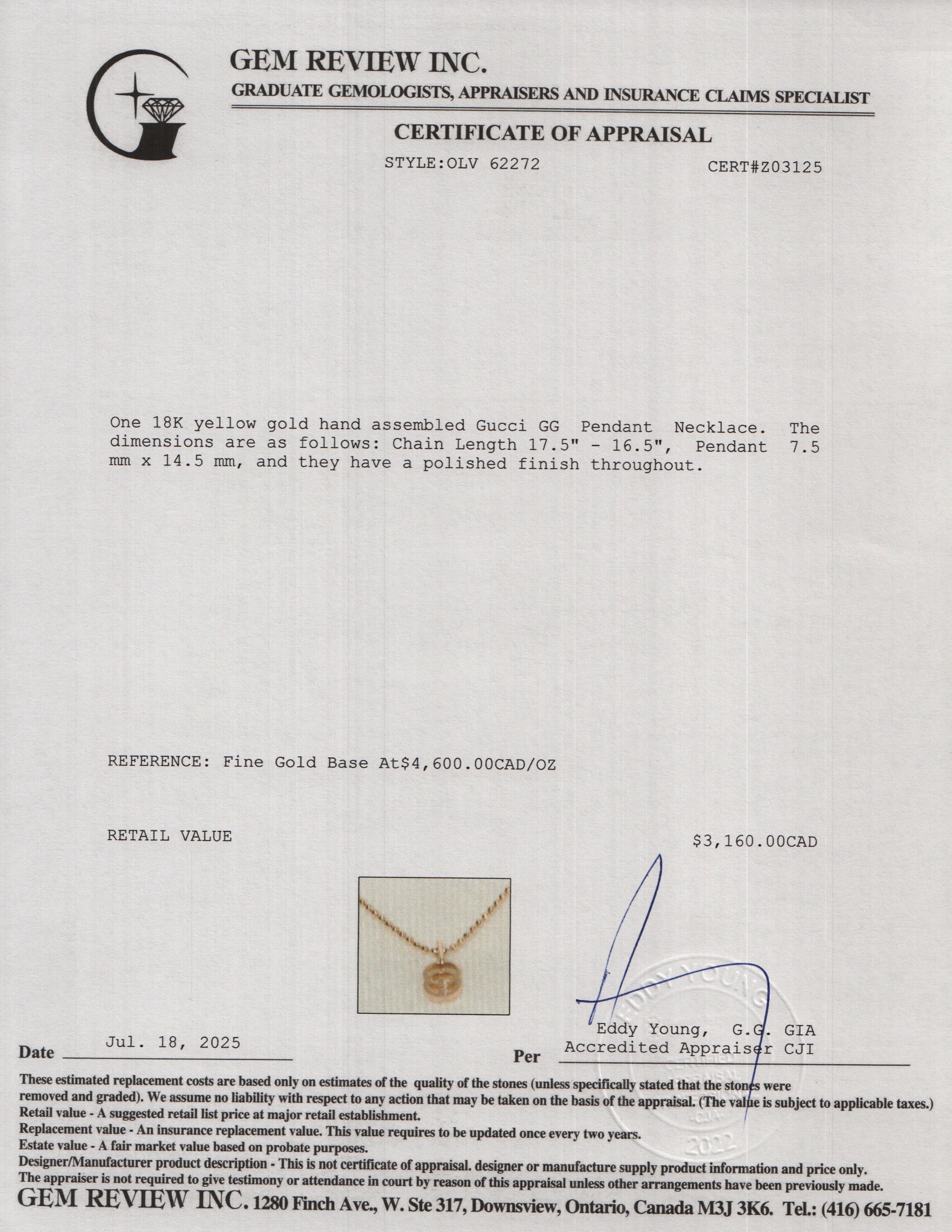 Gucci 18k Yellow Gold GG Pendant Necklace