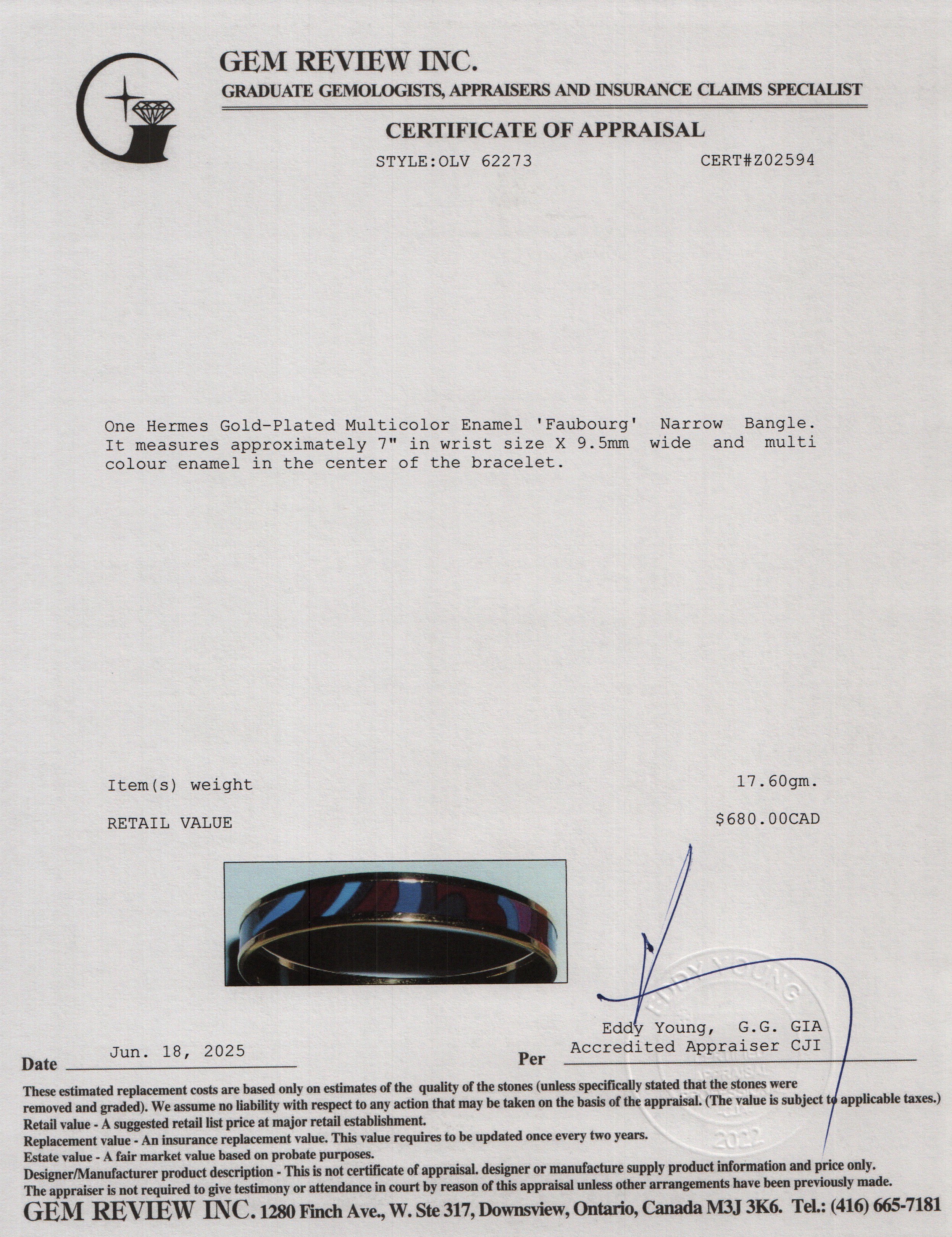 Hermes Gold-Plated Multicolor Enamel 'Faubourg' Narrow Bangle w/ Box