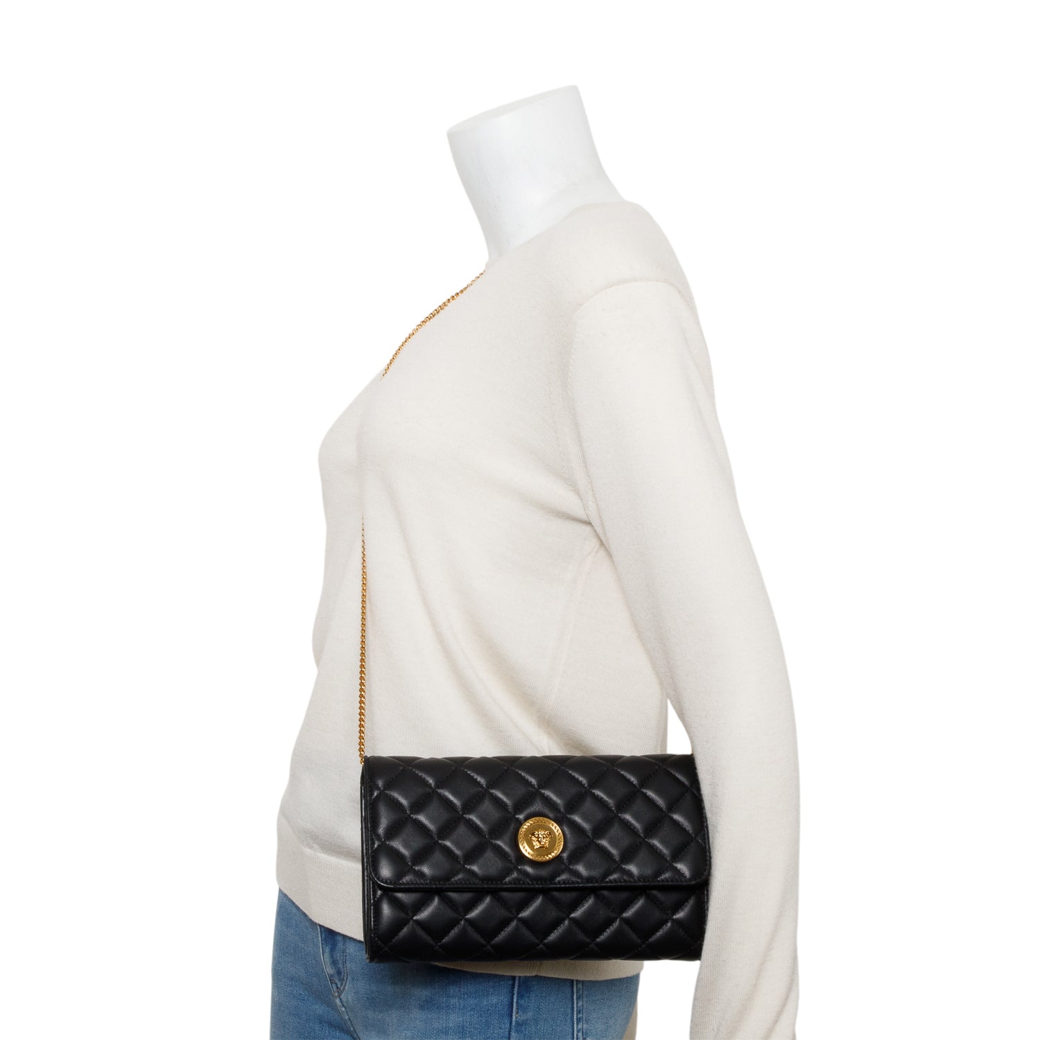 Versace Black Quilted Nappa Leather Medusa Wallet On Chain