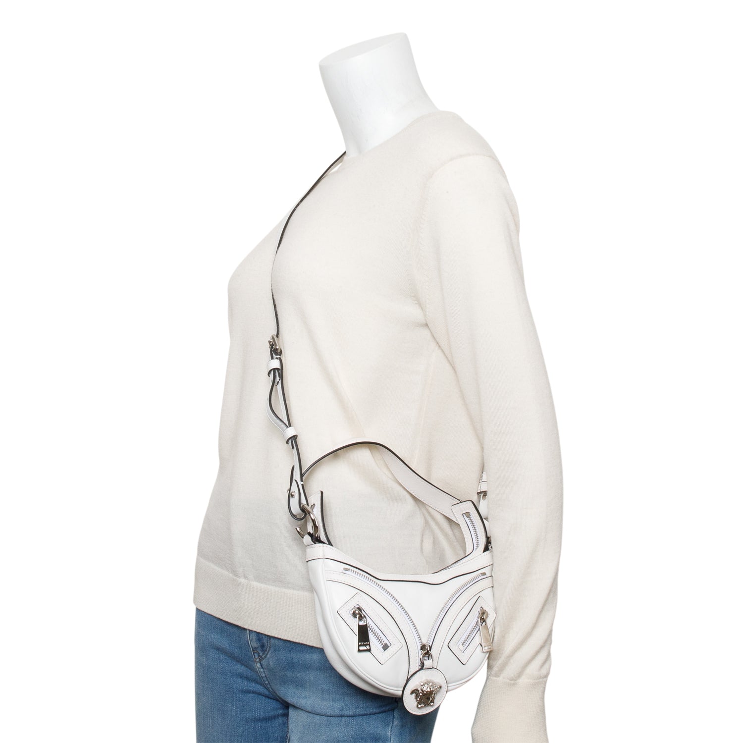 Versace White Leather Mini Repeat Hobo w/ Strap