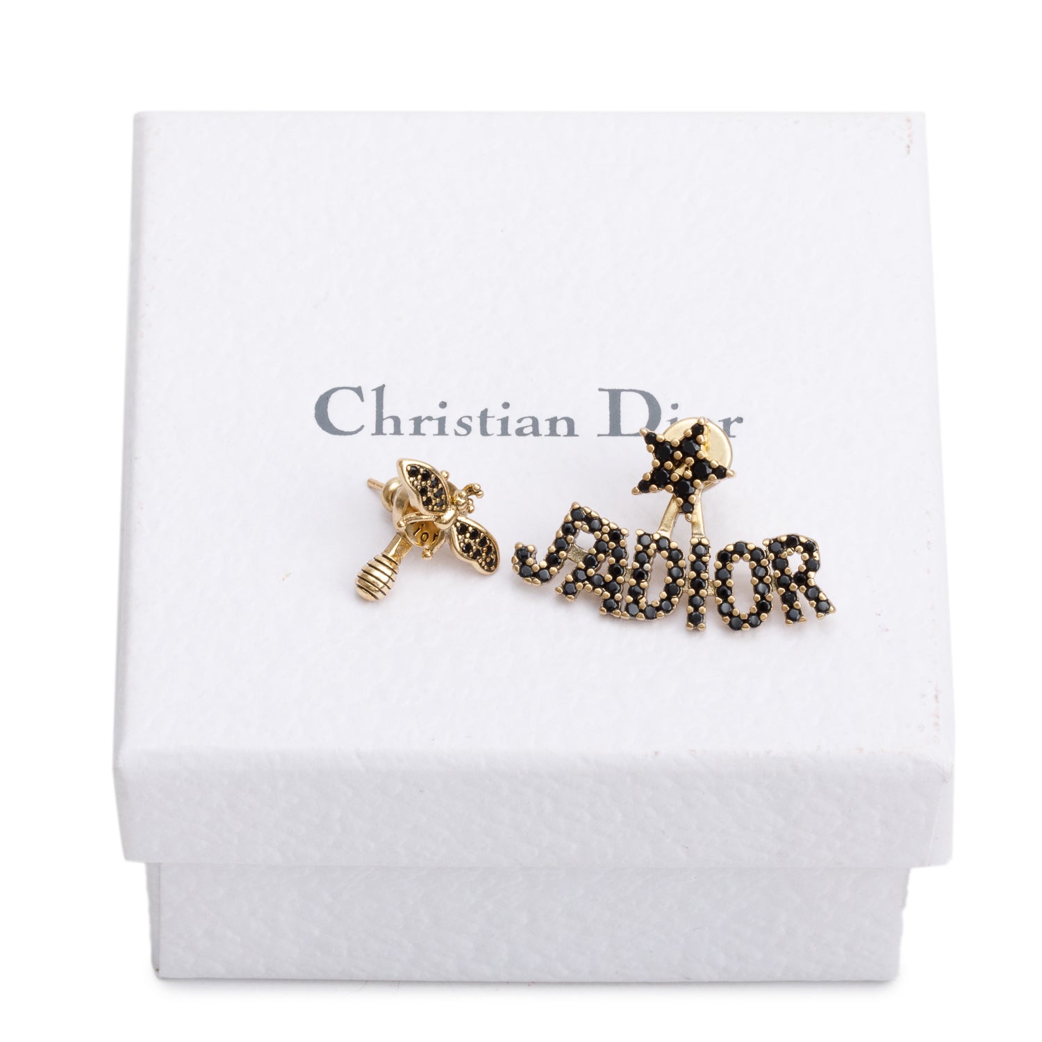Christian Dior Gold-Plated Crystal J'Adior Asymmetrical Bee Earrings w/ Box