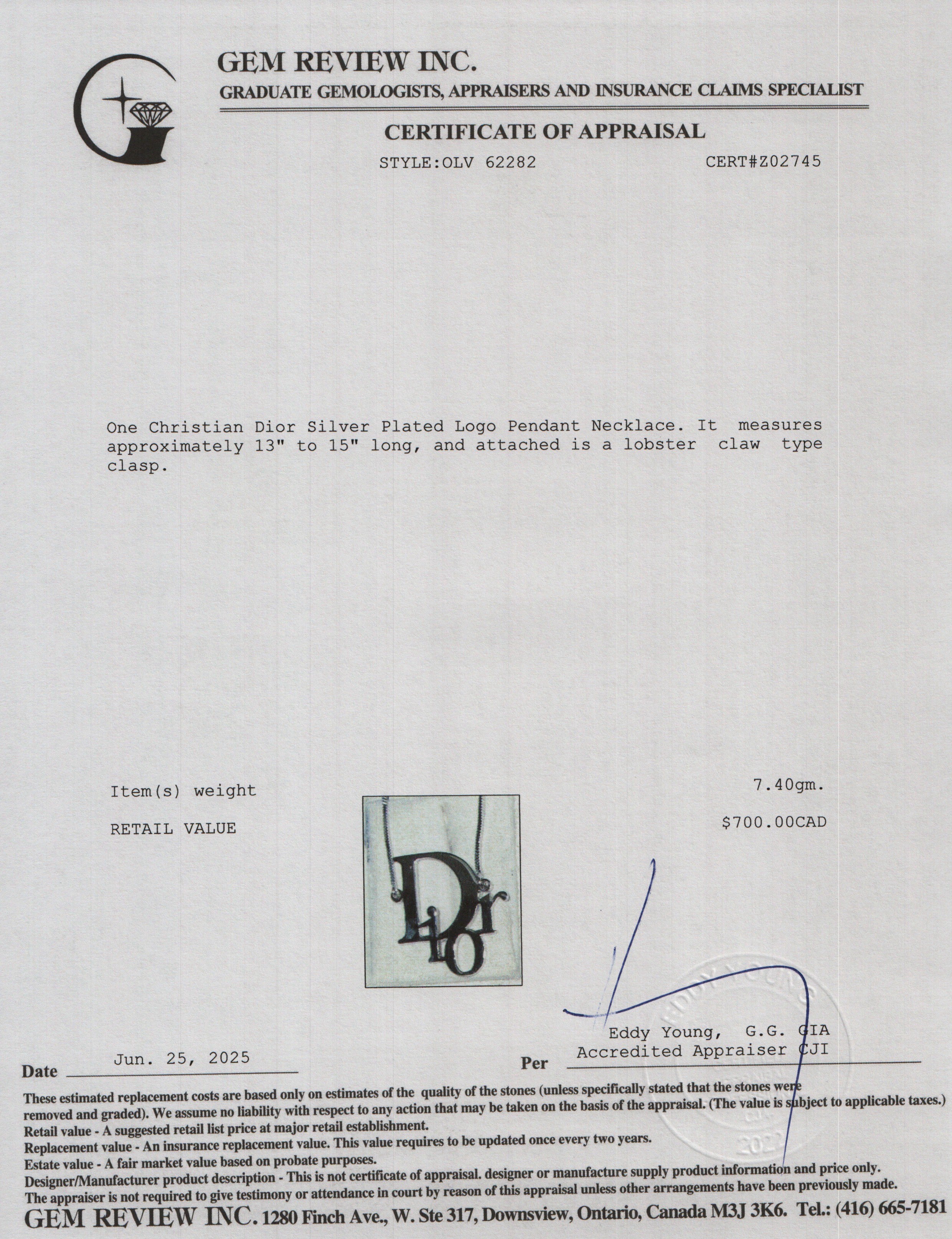 Christian Dior Silver Plated Logo Pendant Necklace